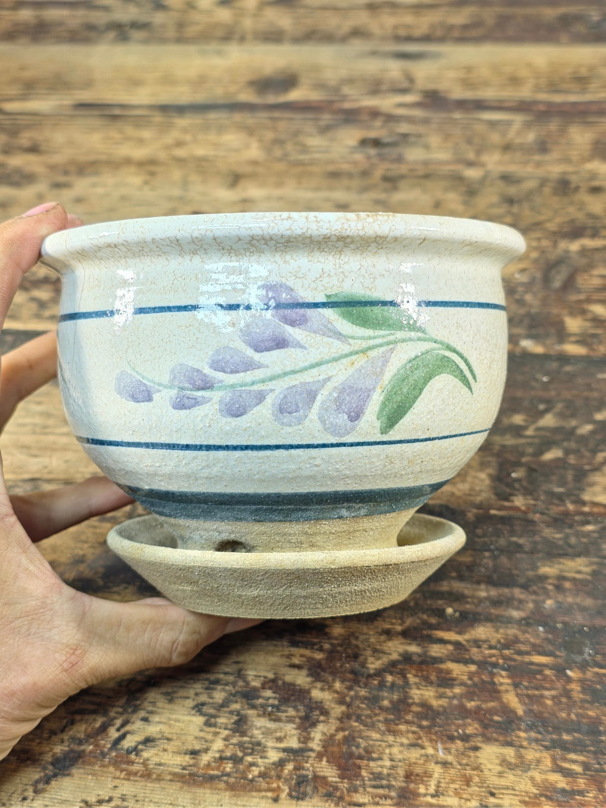 Vintage Hand-Painted Ceramic Planter with Saucer – Floral Design, 1990s