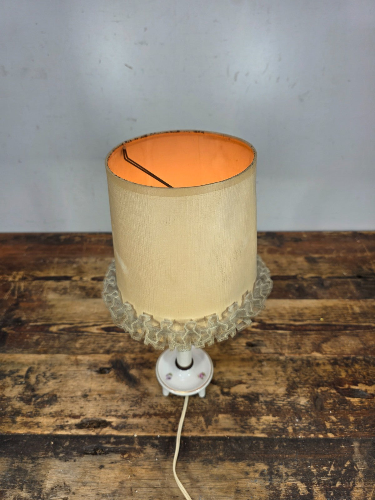Vintage Porcelain Table Lamp with Original Fabric Shade – 1950s Floral Design