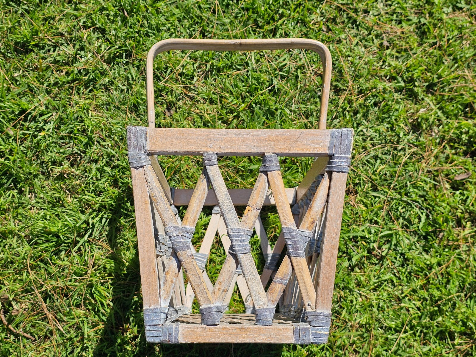Wood & Rattan Leather Thong Wrapped Boho Style Basket 18"L x 11"W x 18.5"H