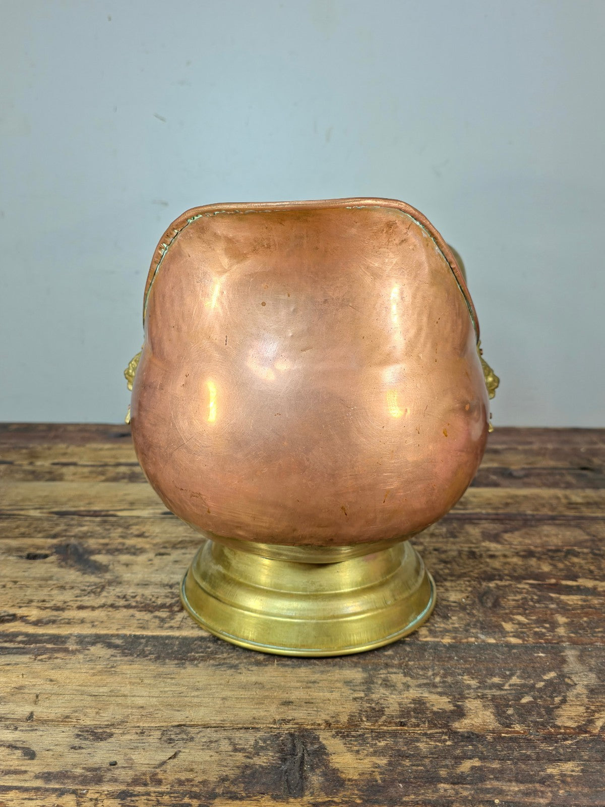 Vintage Copper & Brass Coal Scuttle w/ Delft-Style Ceramic Handles & Lion Heads