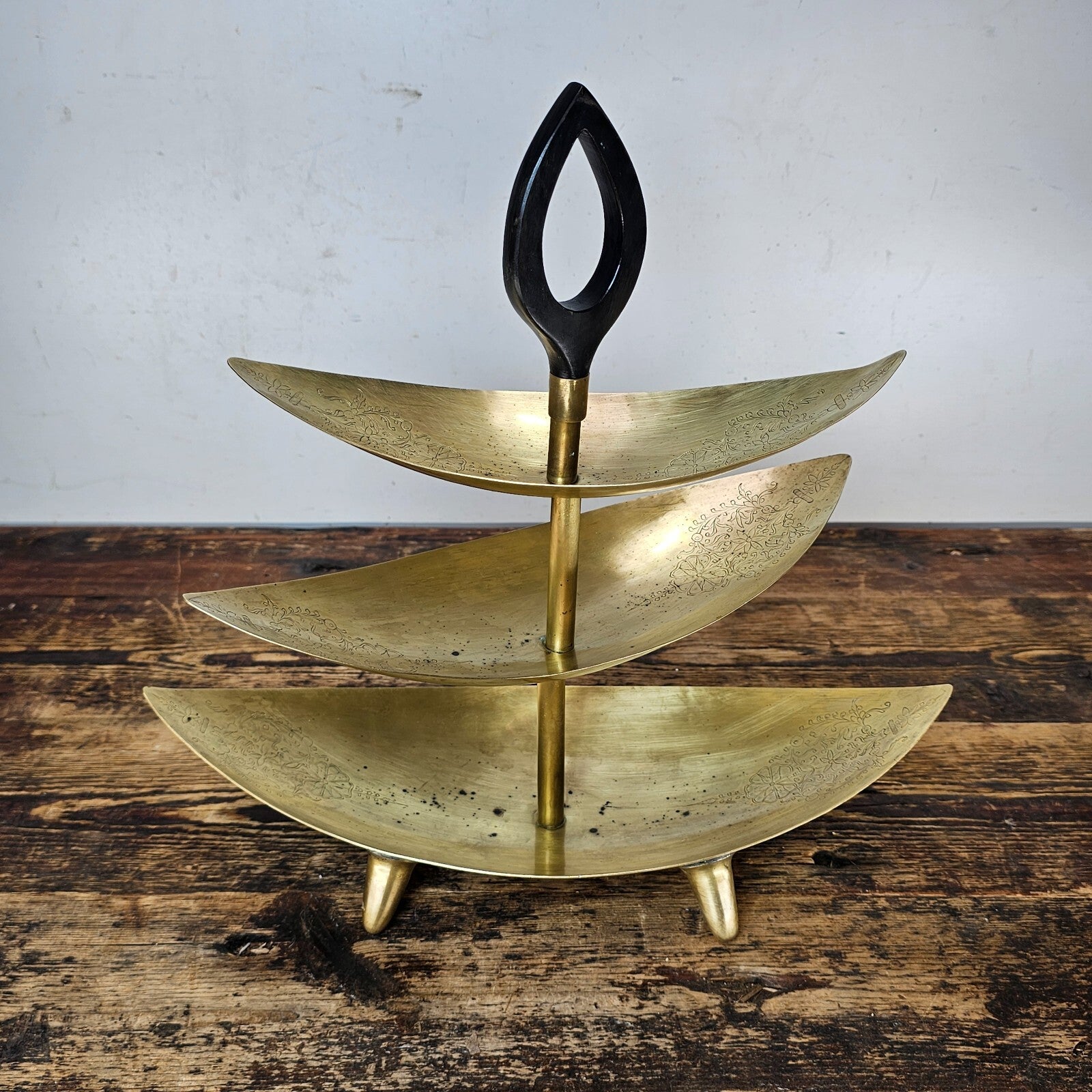 Mid-Century Modern Footed Brass 3 Tier Cake Stand with Wood Handle