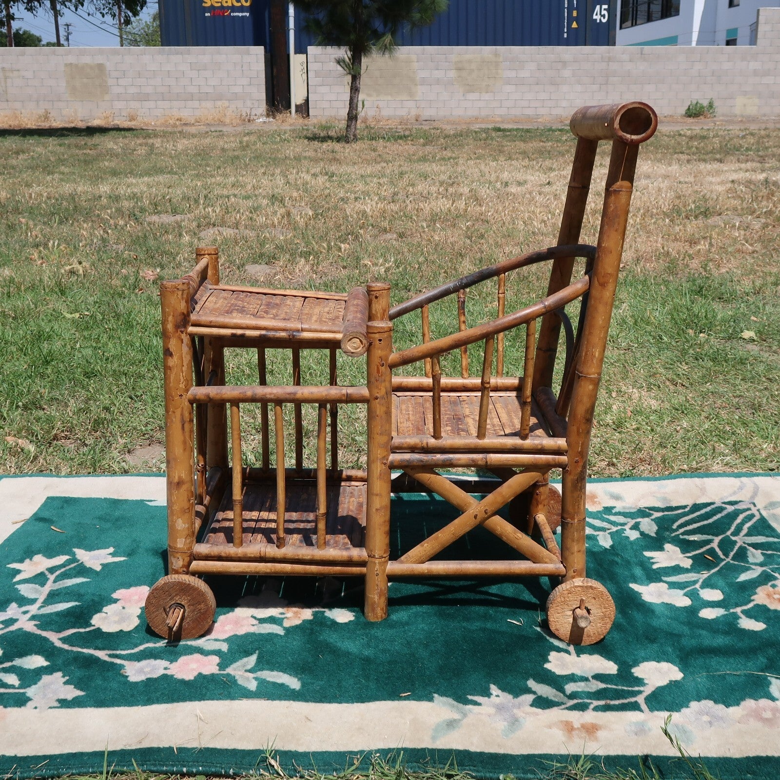 1970s Spanish Bamboo Wheeled Children's Trolley / Garden Plant Stand Holder