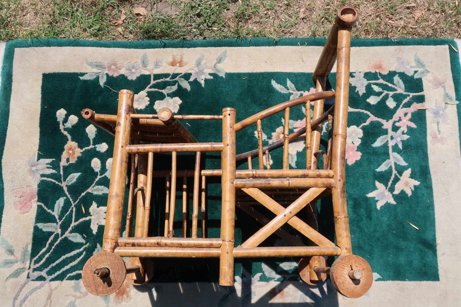 1970s Spanish Bamboo Wheeled Children's Trolley / Garden Plant Stand Holder