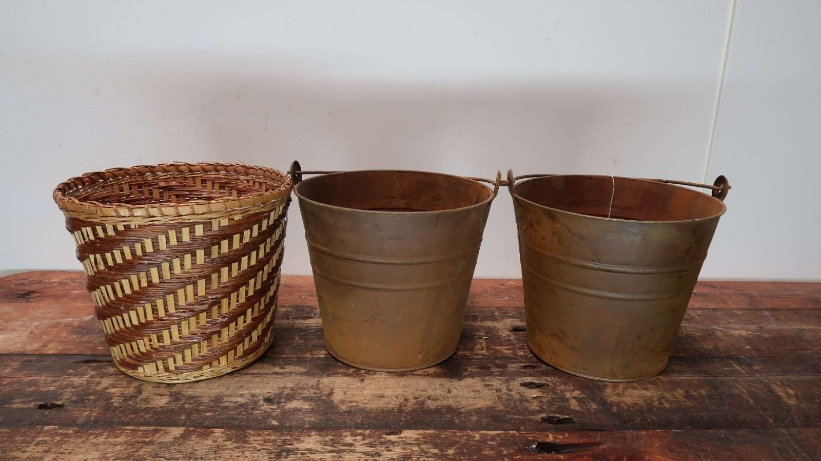 2 Rustic Metal Pails + 1 Wicker Basket 9" x 9" x H 7.5" Plant Pots Trash Cans