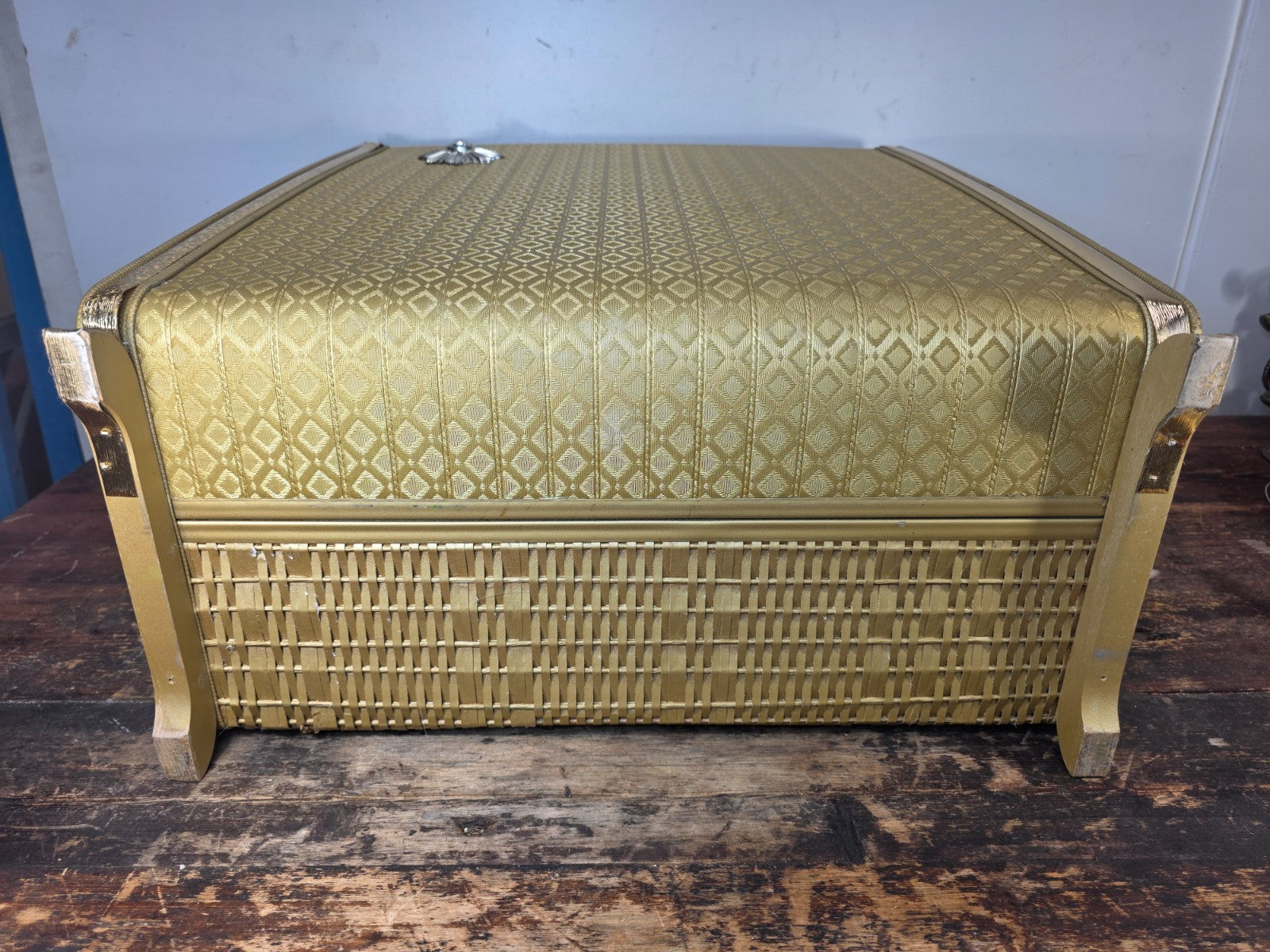 Vintage Pearl-Wick Clothes Hamper Gold Vinyl Woven Pattern 1960s Mid Century