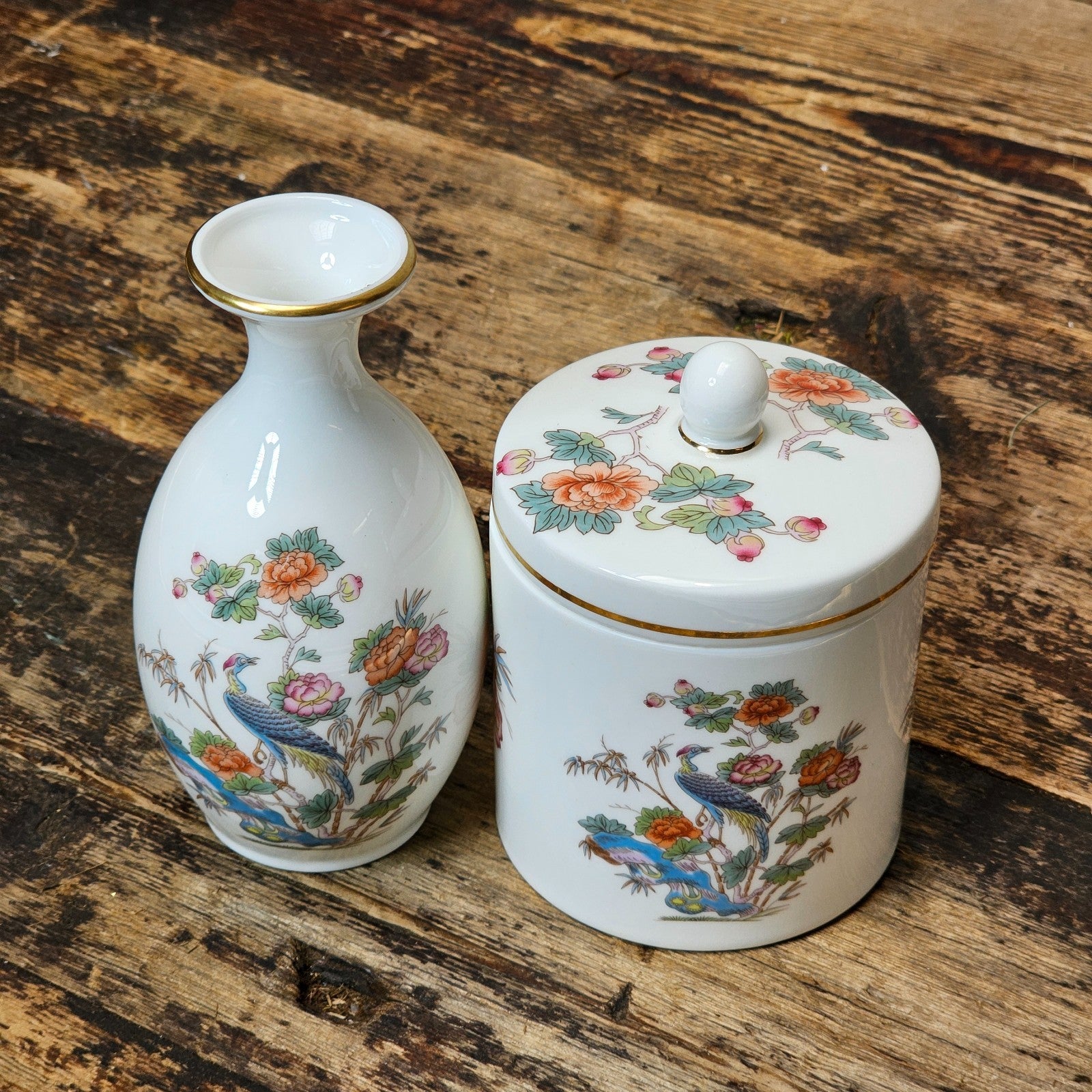 Vintage Wedgwood "Kutani Crane" Bone China Bud Vase & Lidded Jar Set