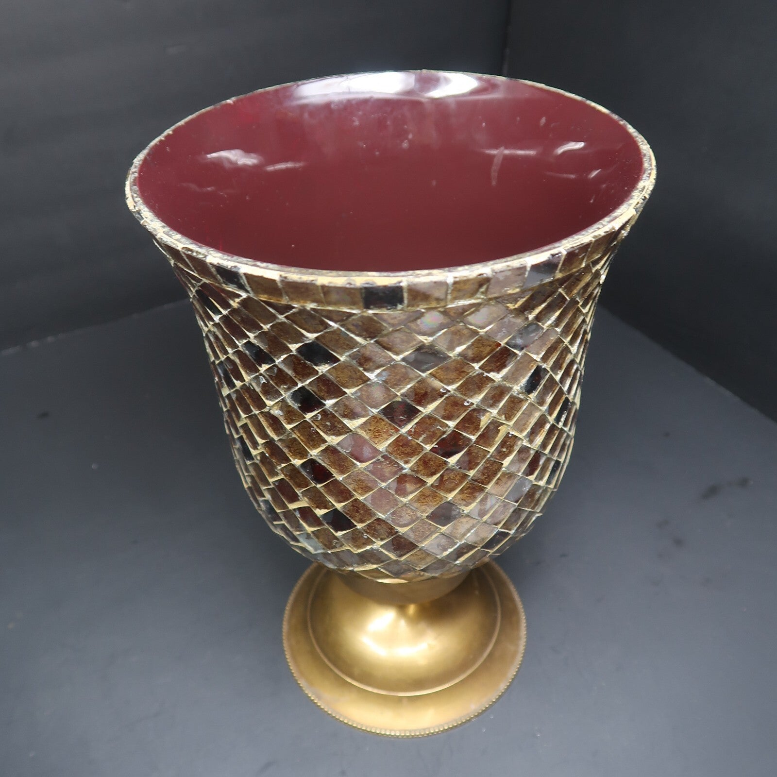 Mosaic Hurricane Candle Holder Stained Glass Brass Base 11”