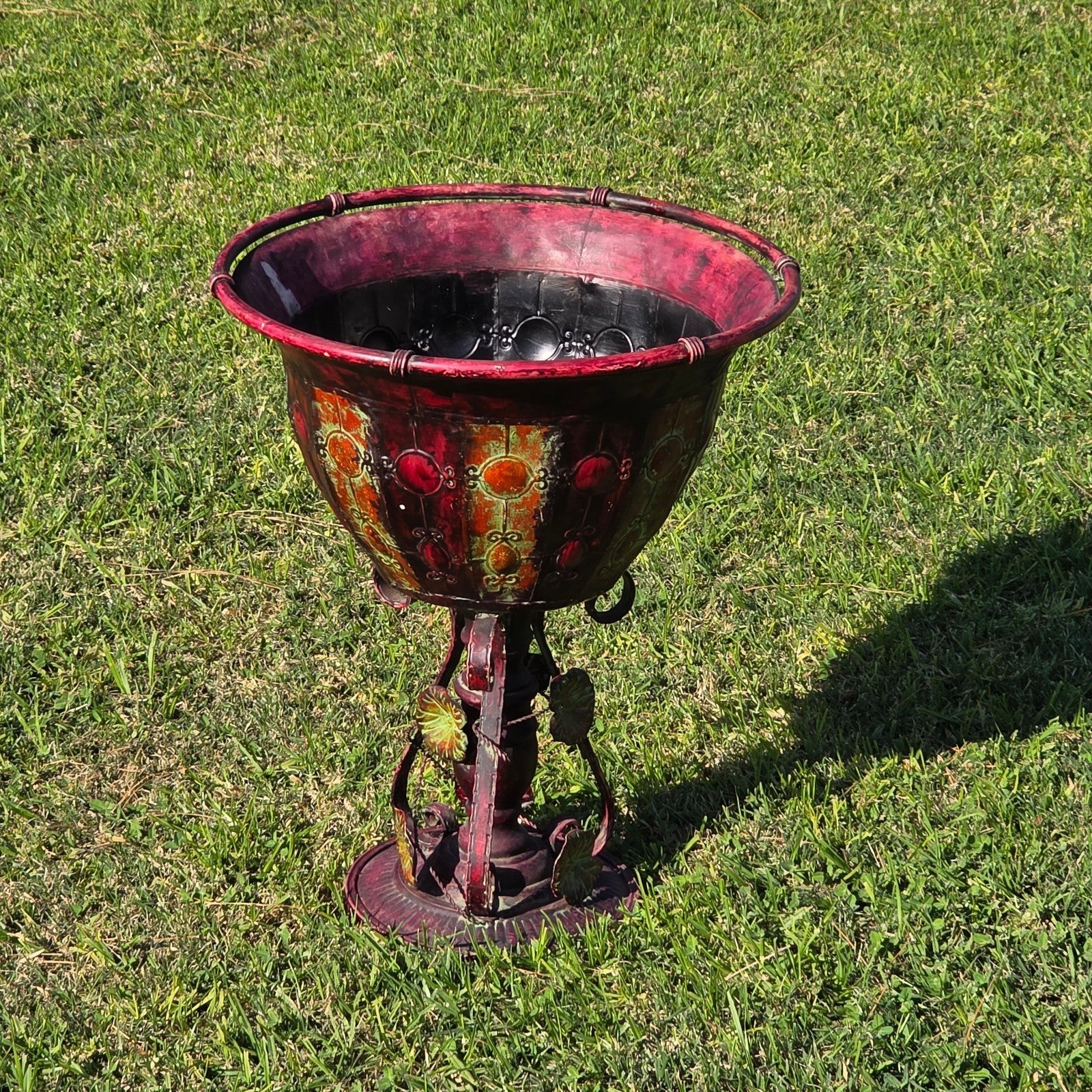 Ornate Metal Pedestal Planter Large 17.5"Dia Urn Stand w/ Red & Gold Patina