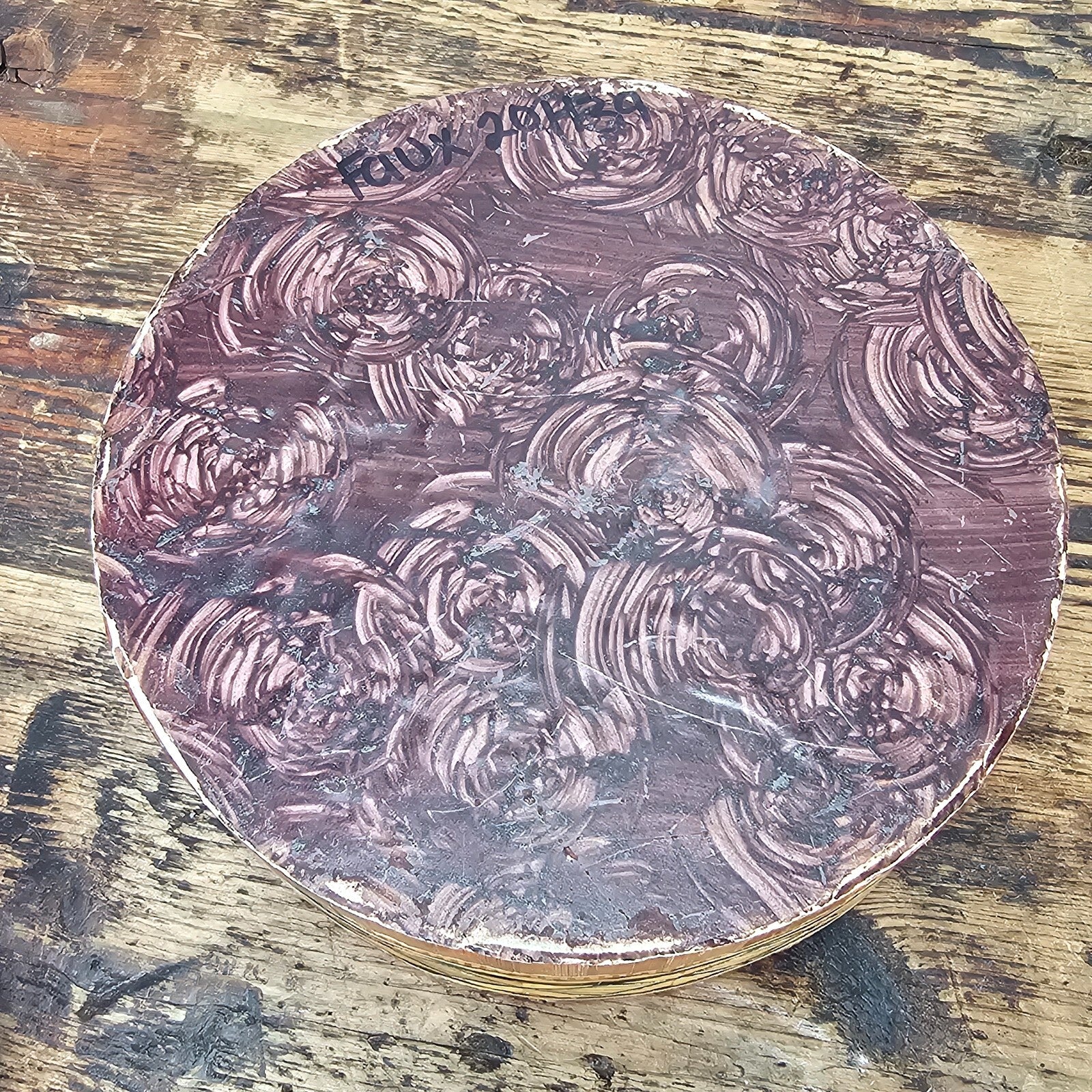 Circular Wood Straw Marquetry Trinket Box with Peacock Feather Pattern 7.5" Diam