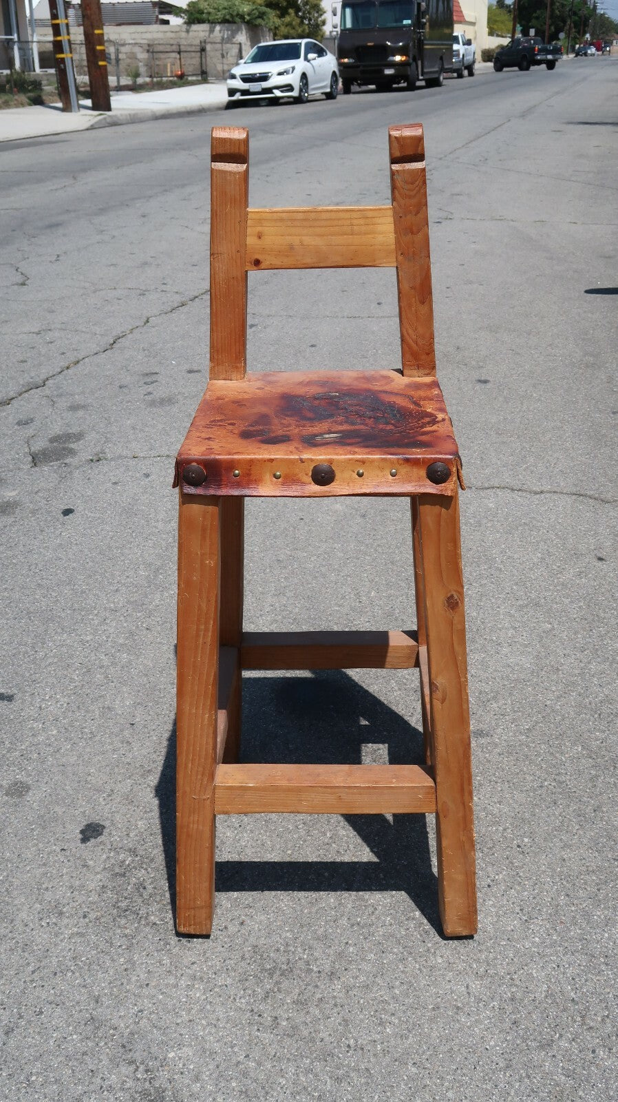 Wooden Counter Height Bar Stool Leather Seat Handcrafted farmhouse Stool H 41"