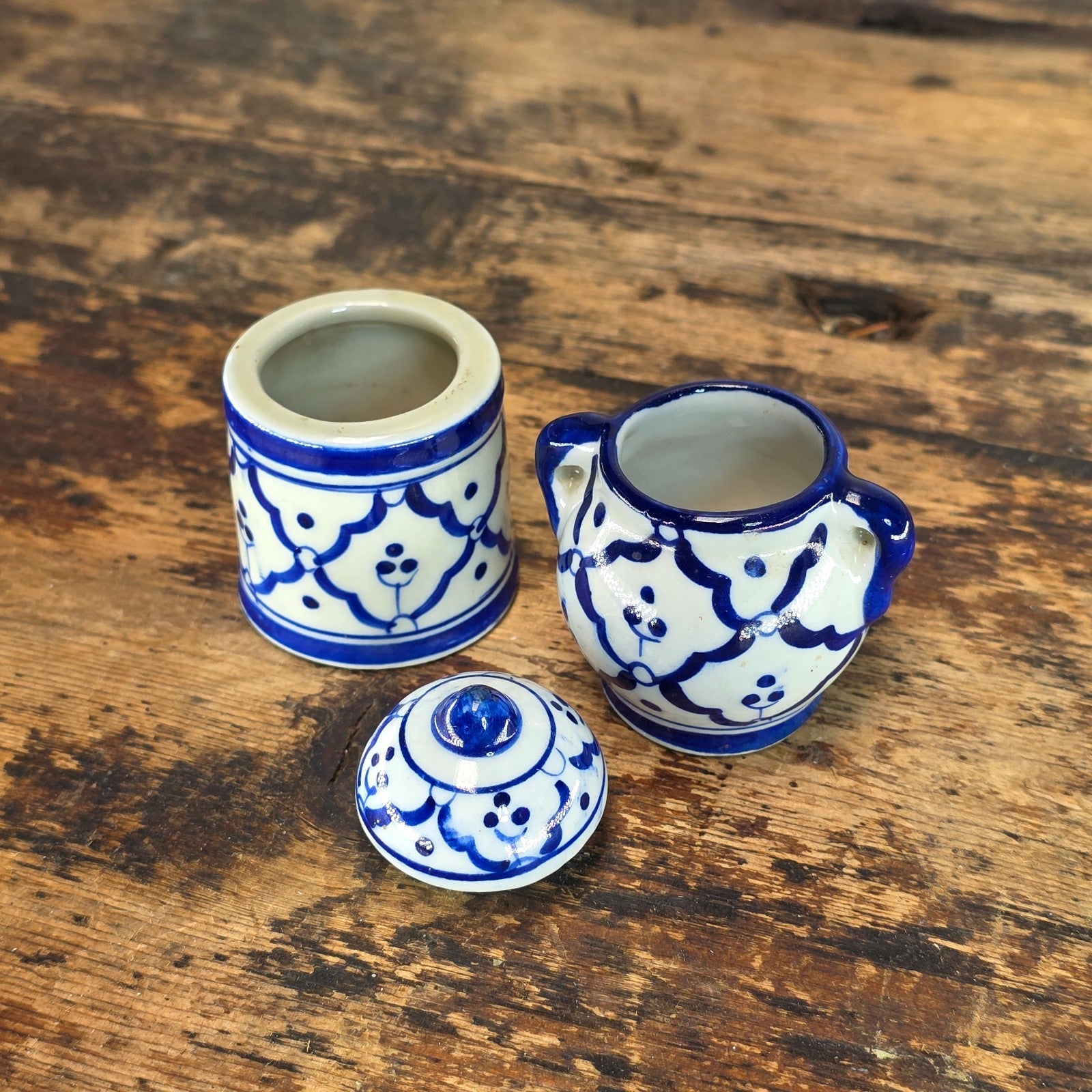 Miniature Blue & White Ceramic Thai-Style Ginger Jar & Toothpick Holder Set