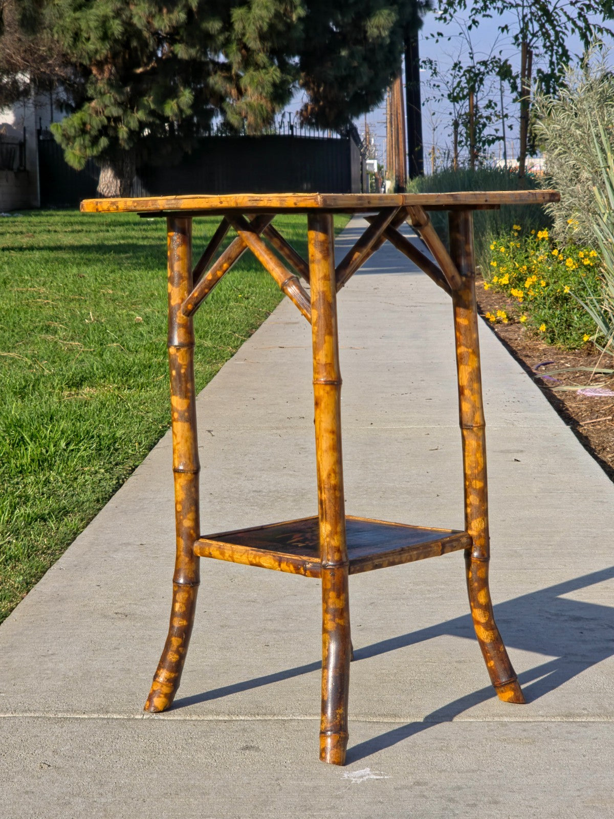 Rare Antique Chinoiserie Bamboo Table | Hand-Painted Lacquer Panels, c.1900