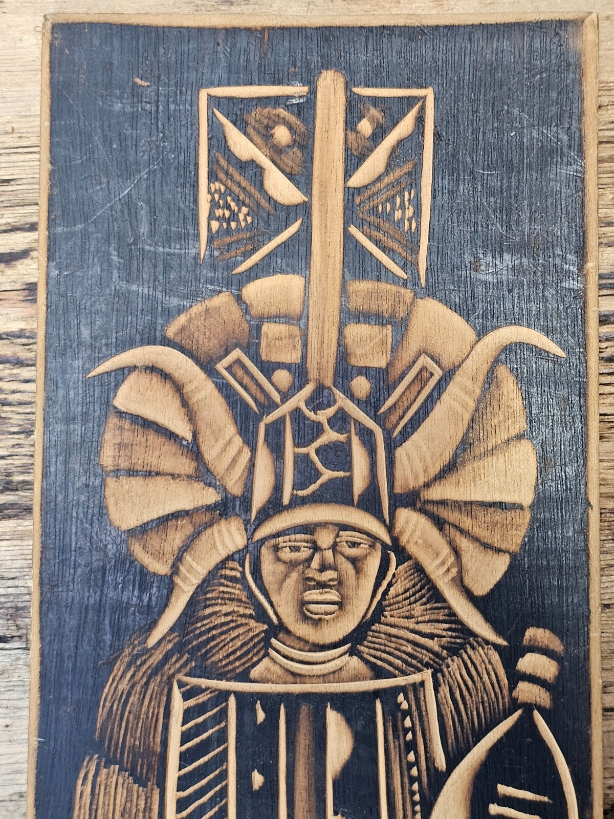 Hand-Carved Zulu Warrior Wooden Wall Plaque Southern African Folk Art 12" x 5.5"