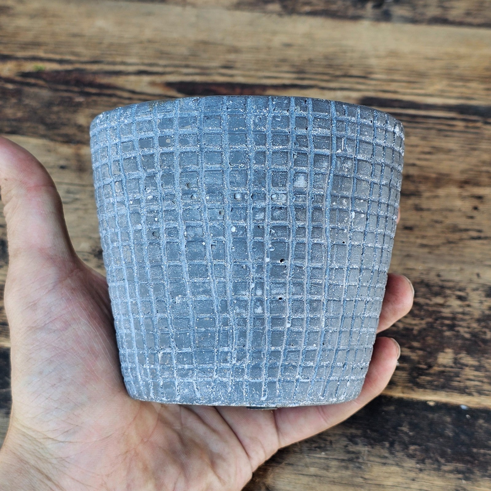 Small Concrete Planter Pot - Waffle Grid Texture, Industrial Brutalist Style