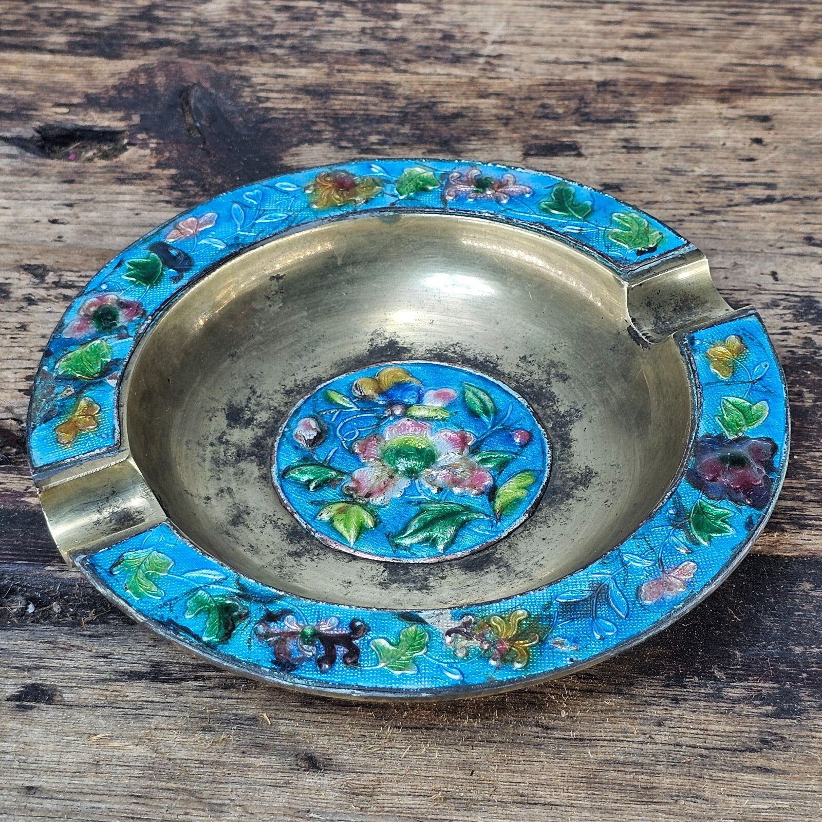 Vintage Chinese Cloisonné Enamel & Brass Ashtray | Ornate Floral Motif 5.25"