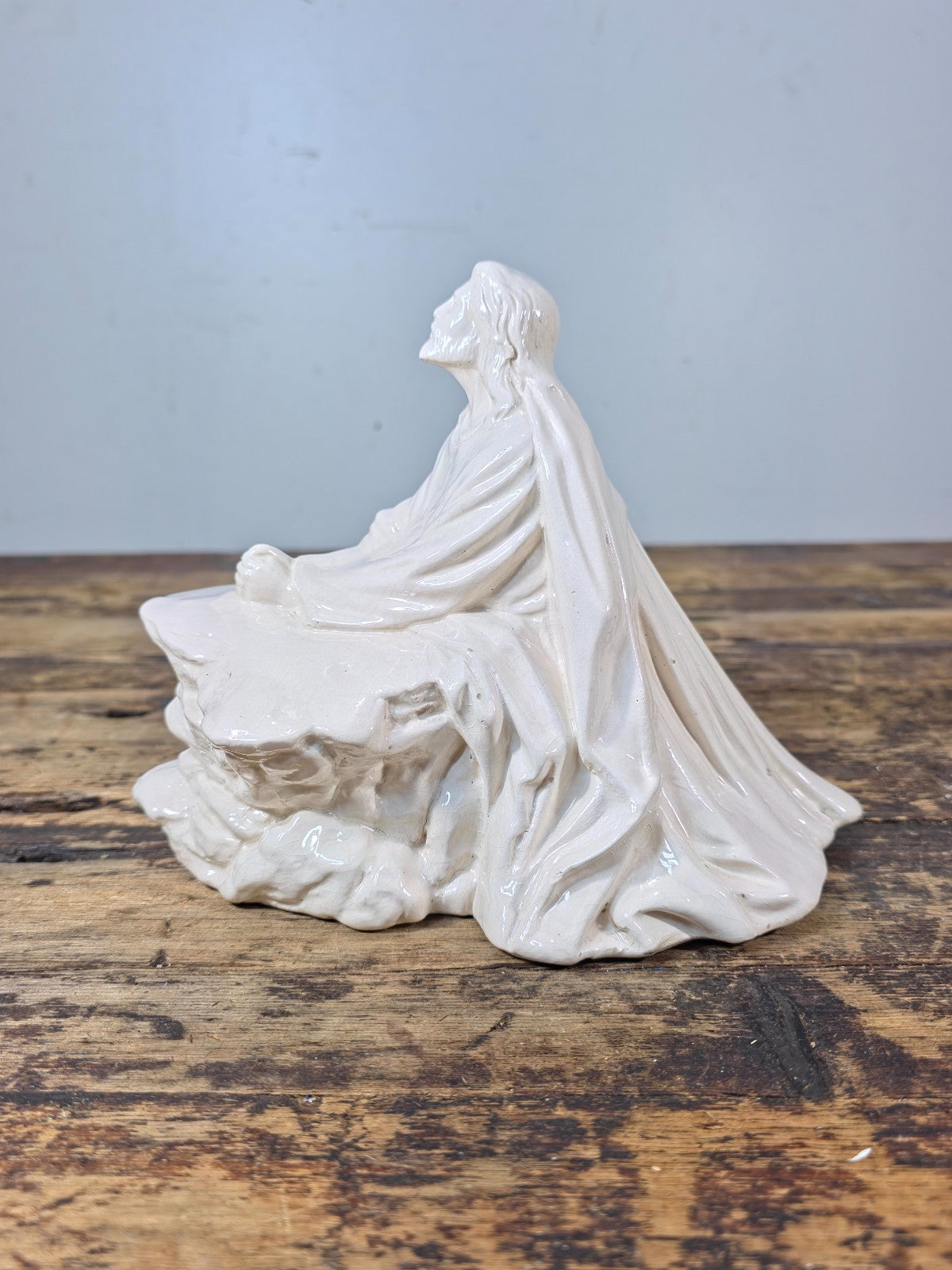 Vintage Byron Molds Jesus at the Rock White Glazed Ceramic Statue 7"