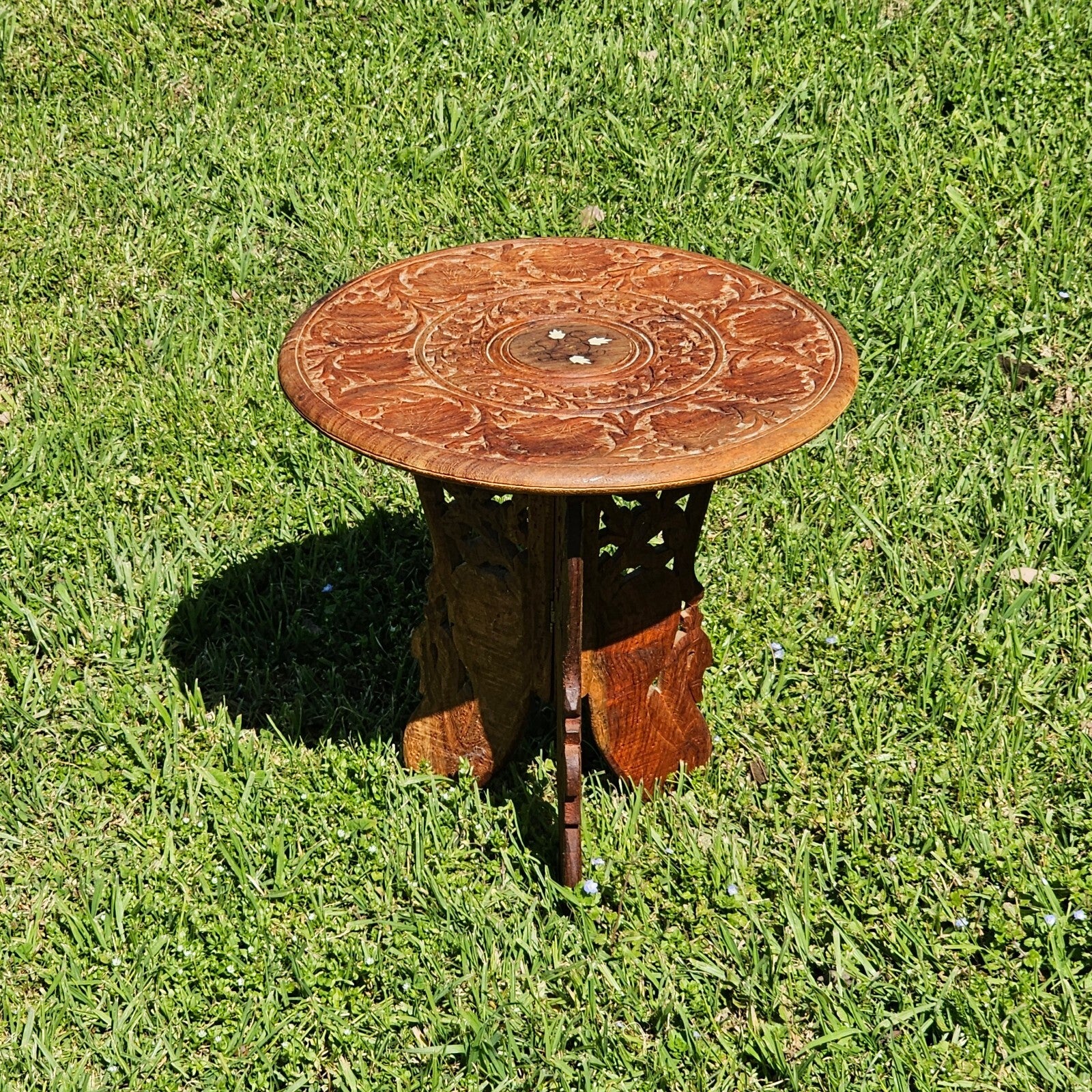 Vintage Indian Hand-Carved Small Wooden Table/Plant Stand 14"Diam x 16"H