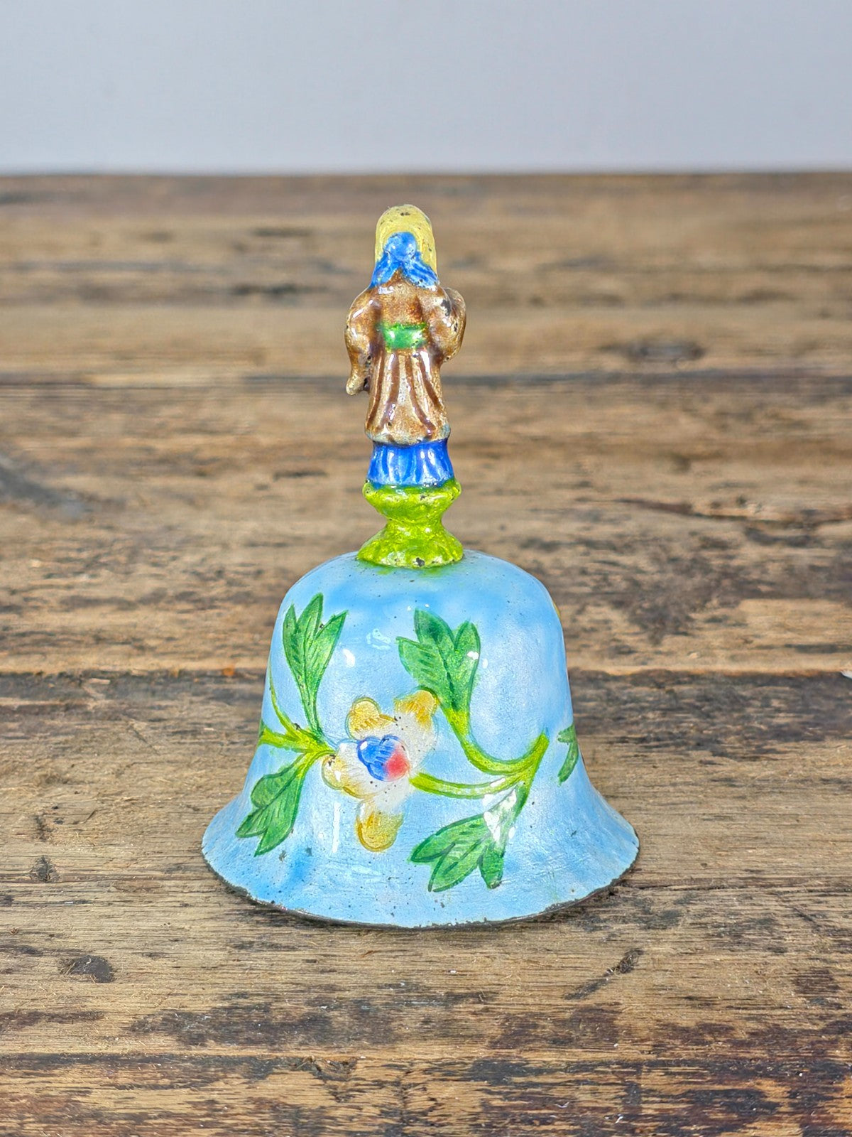 Vintage Hand Painted Enamel Metal Bell with Figure Handle, Marked CHINA