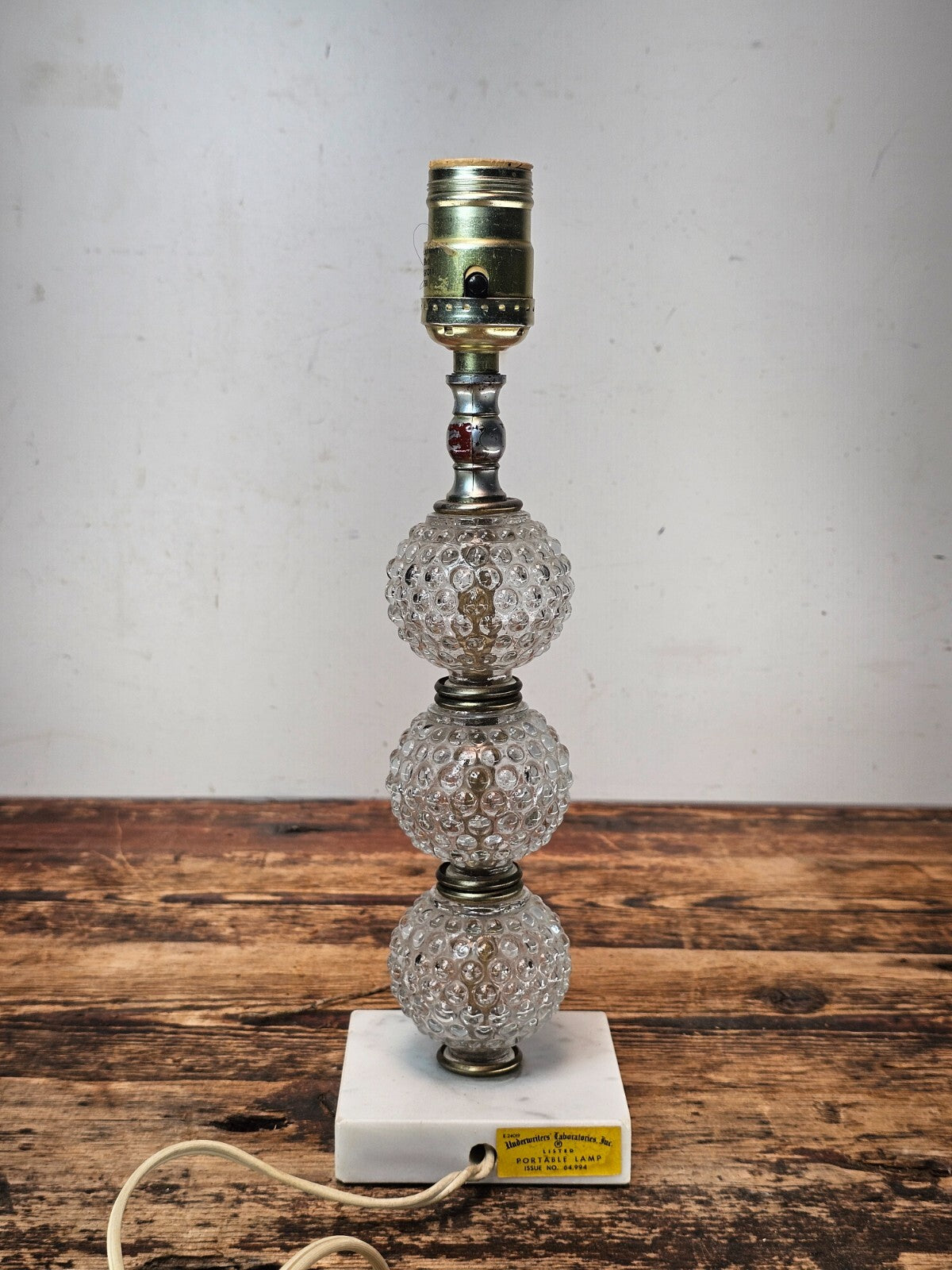 Vintage Hobnail Glass Table Lamp with Marble Base 12.5"H