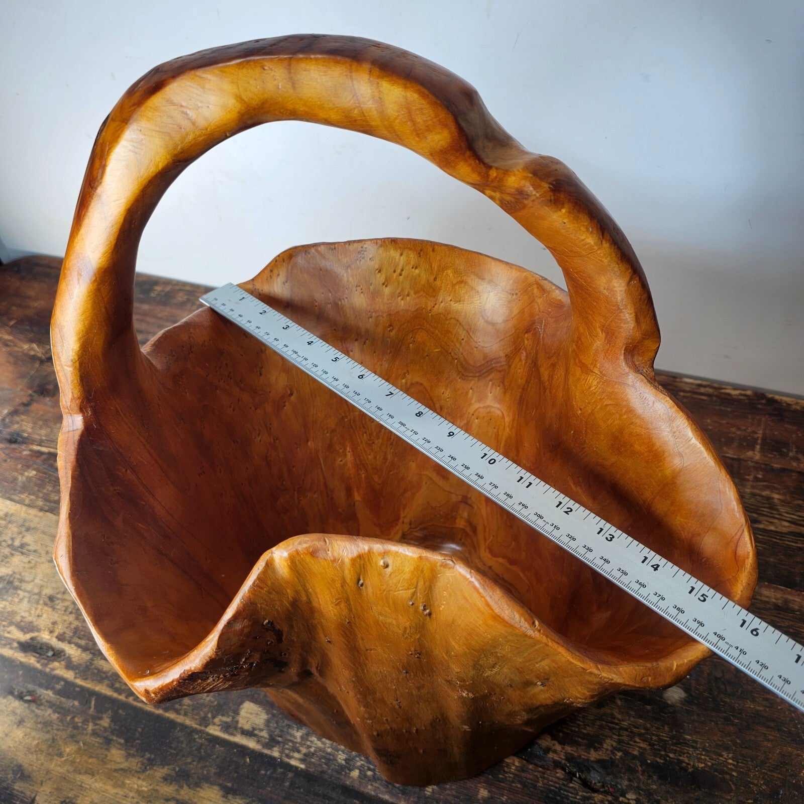 Large Wood Burl Root Hand Carved Bowl Basket with Handle 13.5" x 13.5" x 19.5"H