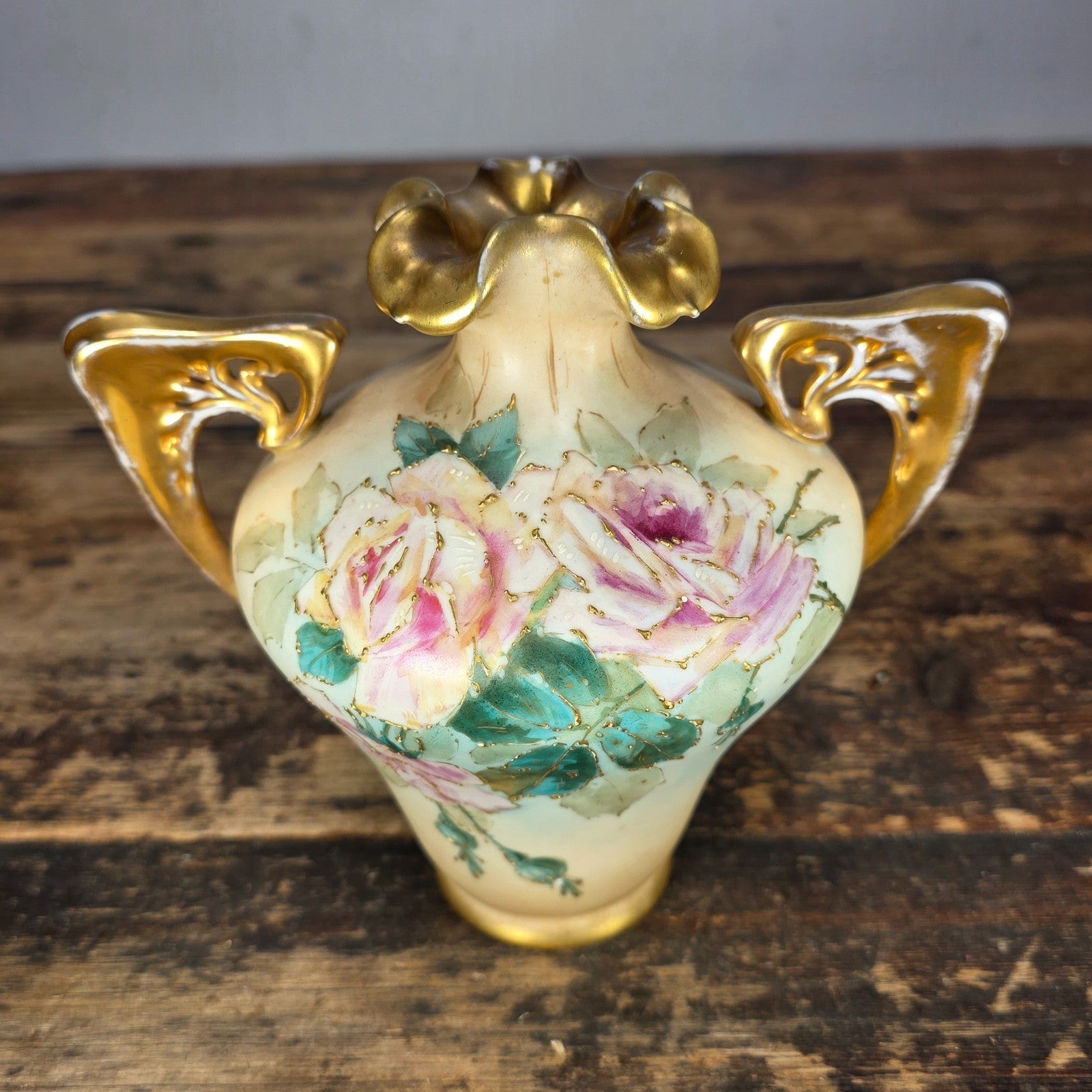 Antique RStK Bohemia Amphora Style Vase Hand Painted Roses Gold Austria c.1900