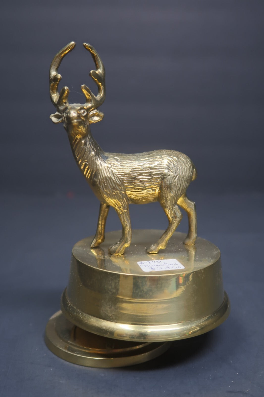Vintage Brass Deer Music Box Wind Up Rotating 3.25" x 3.25" x H5.75"
