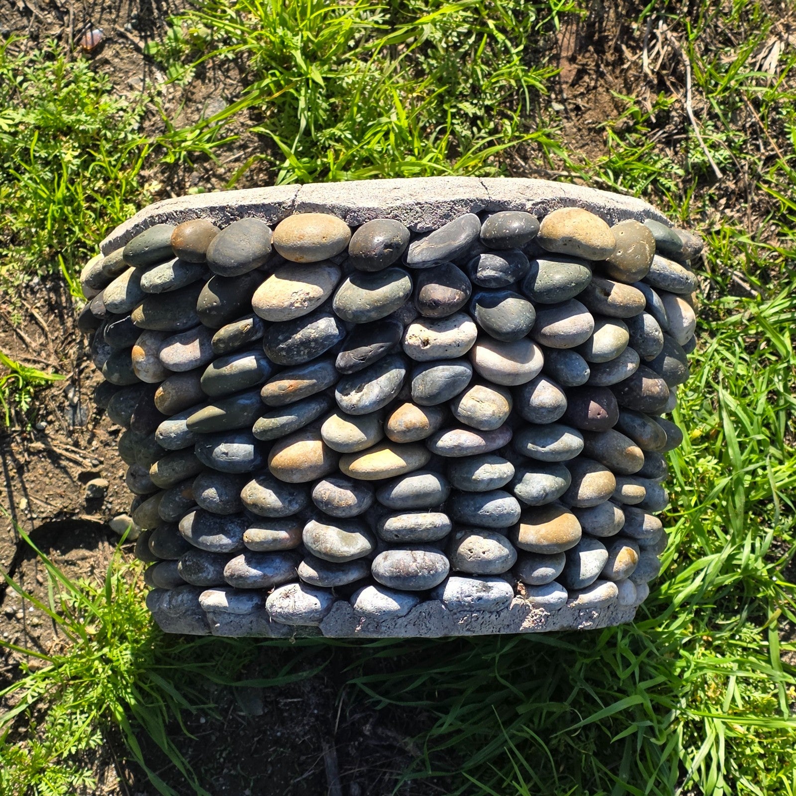 Vintage Hand-Made River Rock Concrete Planter – 13"Dia x 8.75"H - Heavy 43lb.