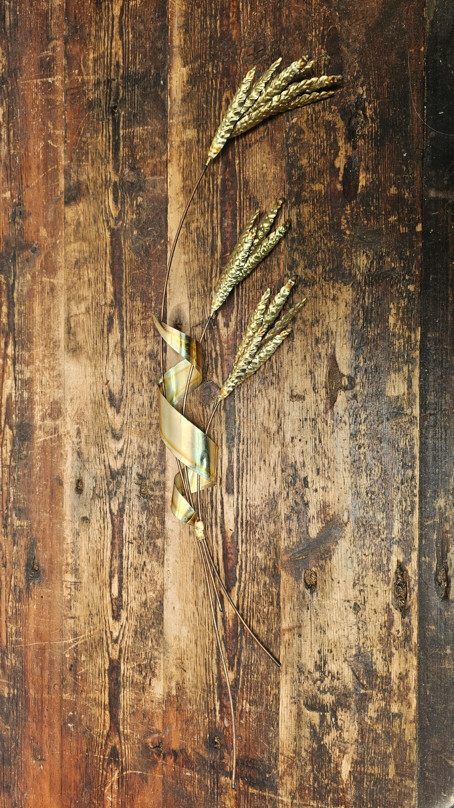 Vintage 70's Brass Metal Wheat Wall Hanging Art 29"H