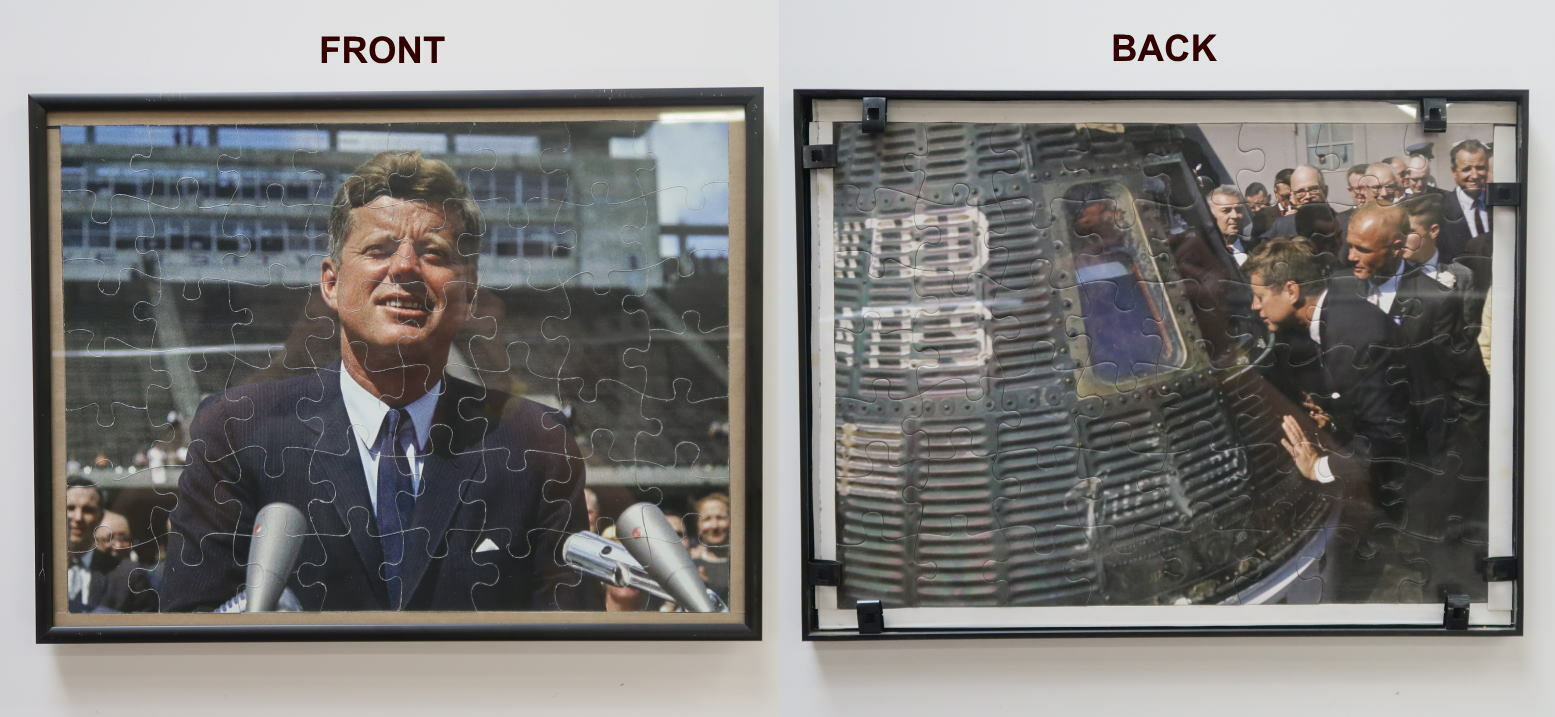 Vintage Double Sided JFK Jigsaw Puzzle in Frame John F Kennedy 50pcs