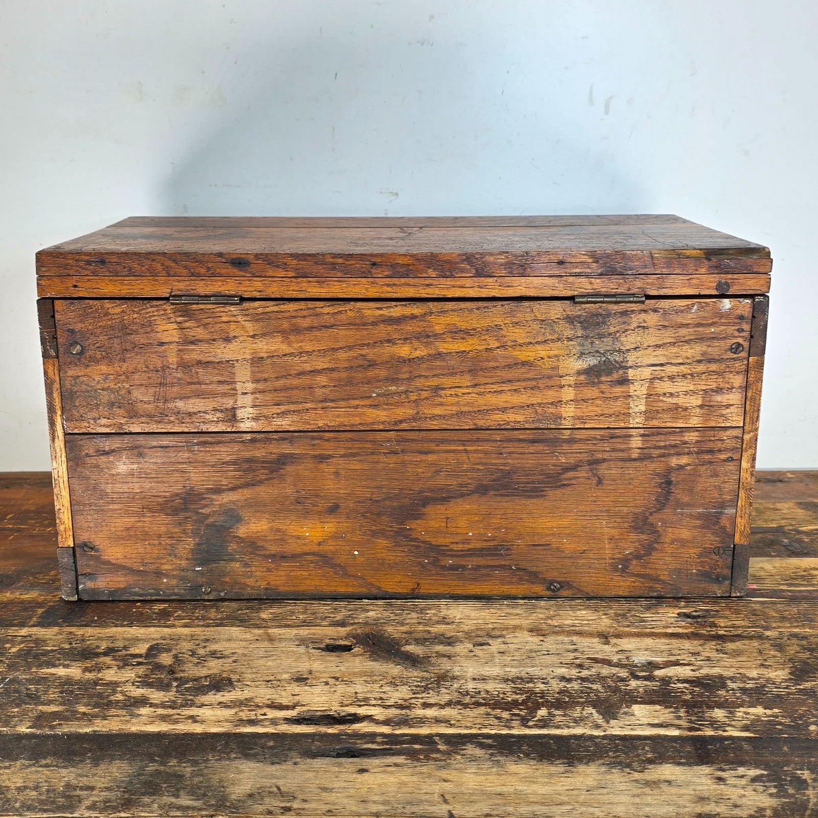 Antique Oak Wooden Tool Box with Brass Hardware & Tray (1920s–40s)