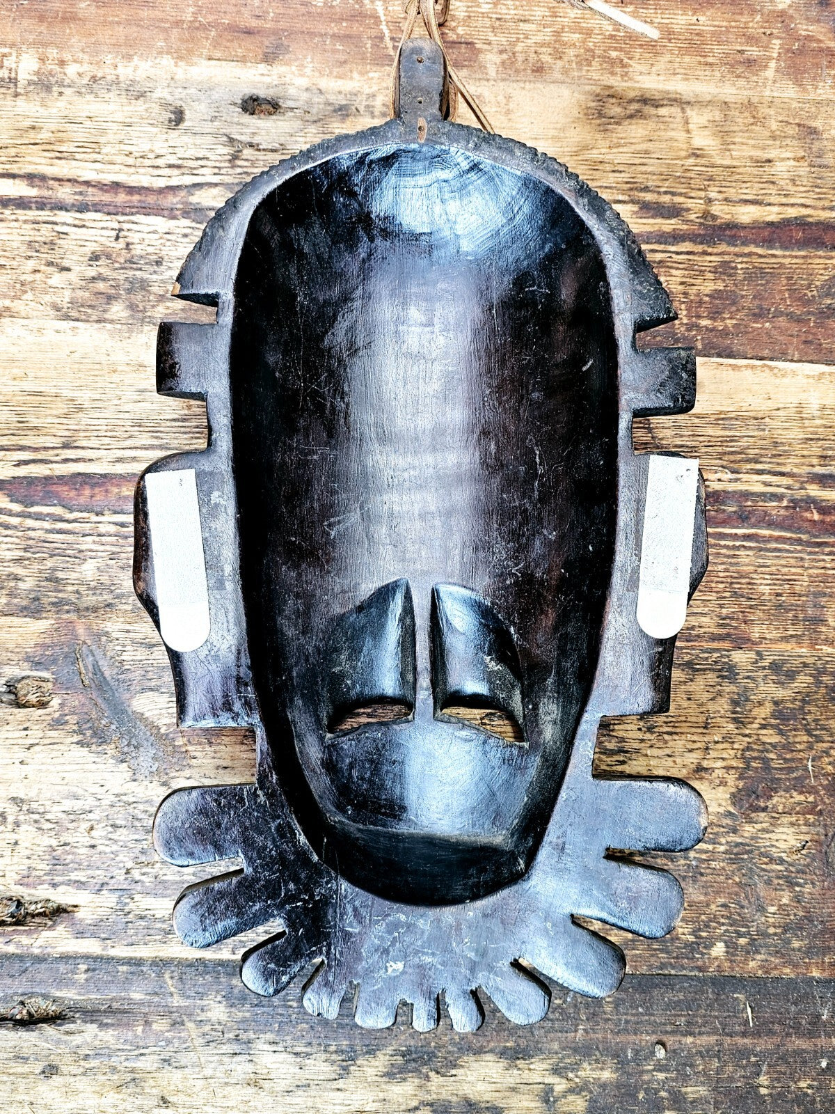 Ebony-Finish Wood Carving - Senufo Tribal Mask (Ivory Coast) 9"W x 15.5"H
