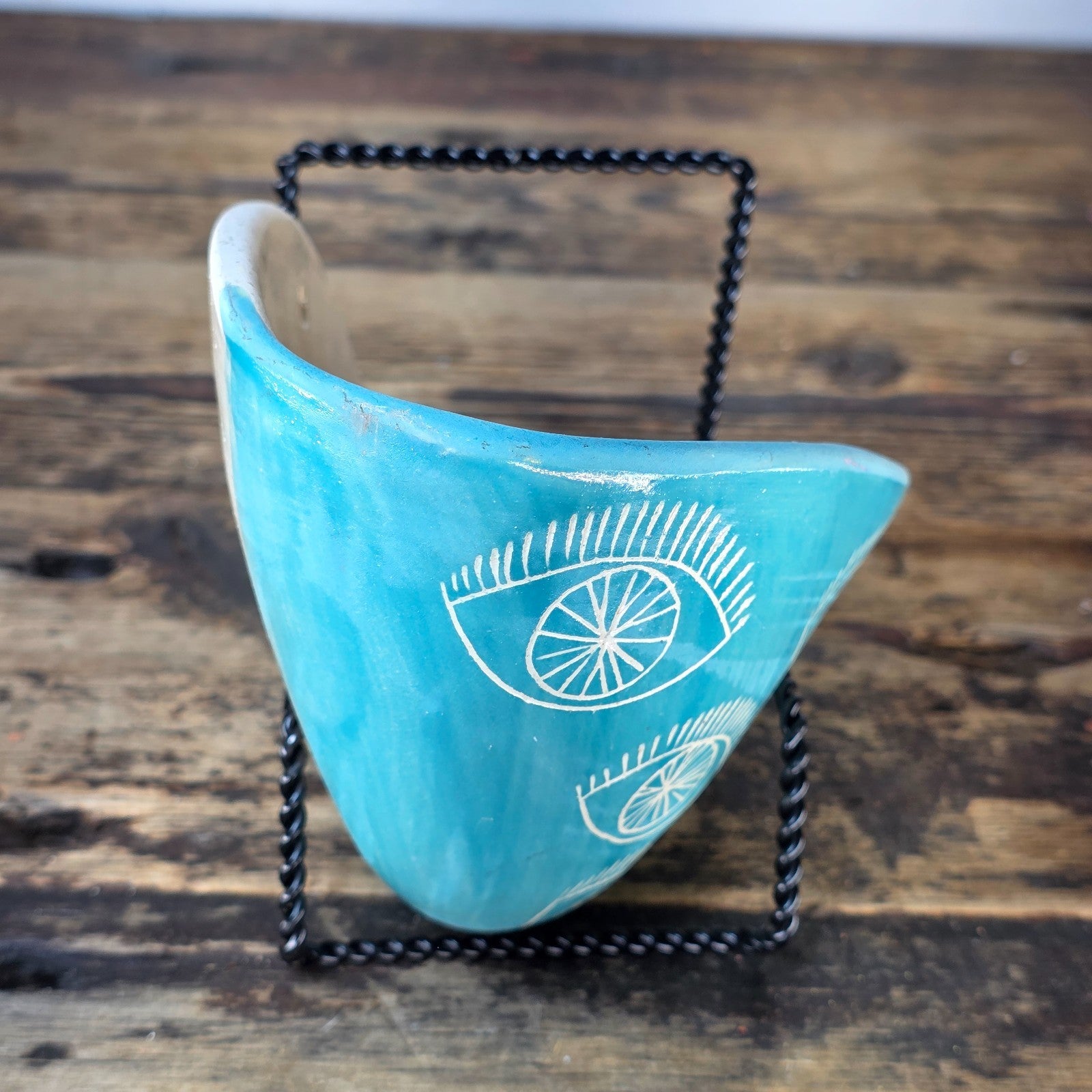 Studio Pottery Wall Pocket | “Eye” Sgraffito in Turquoise | Signed