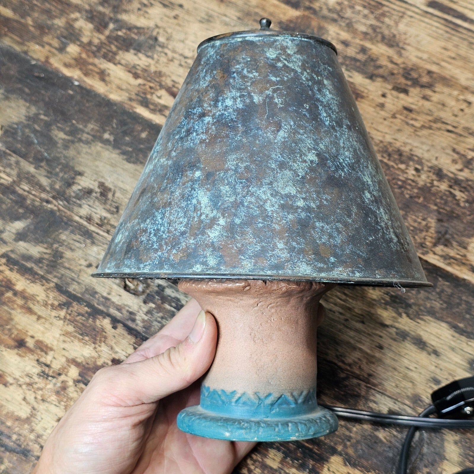 Small Pottery Table Lamp With Metal Shade 8.5"H (Has Damage)
