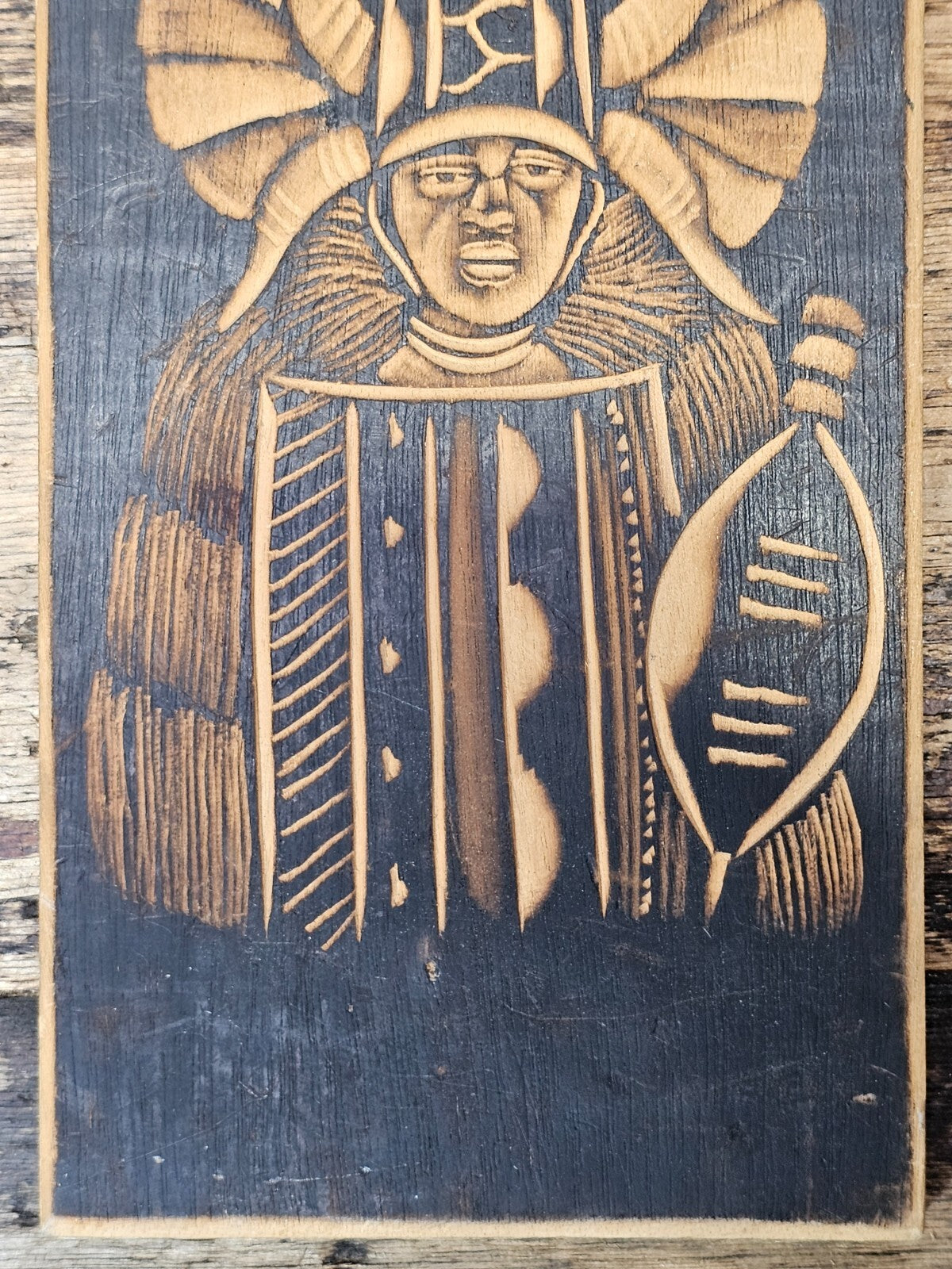 Hand-Carved Zulu Warrior Wooden Wall Plaque Southern African Folk Art 12" x 5.5"