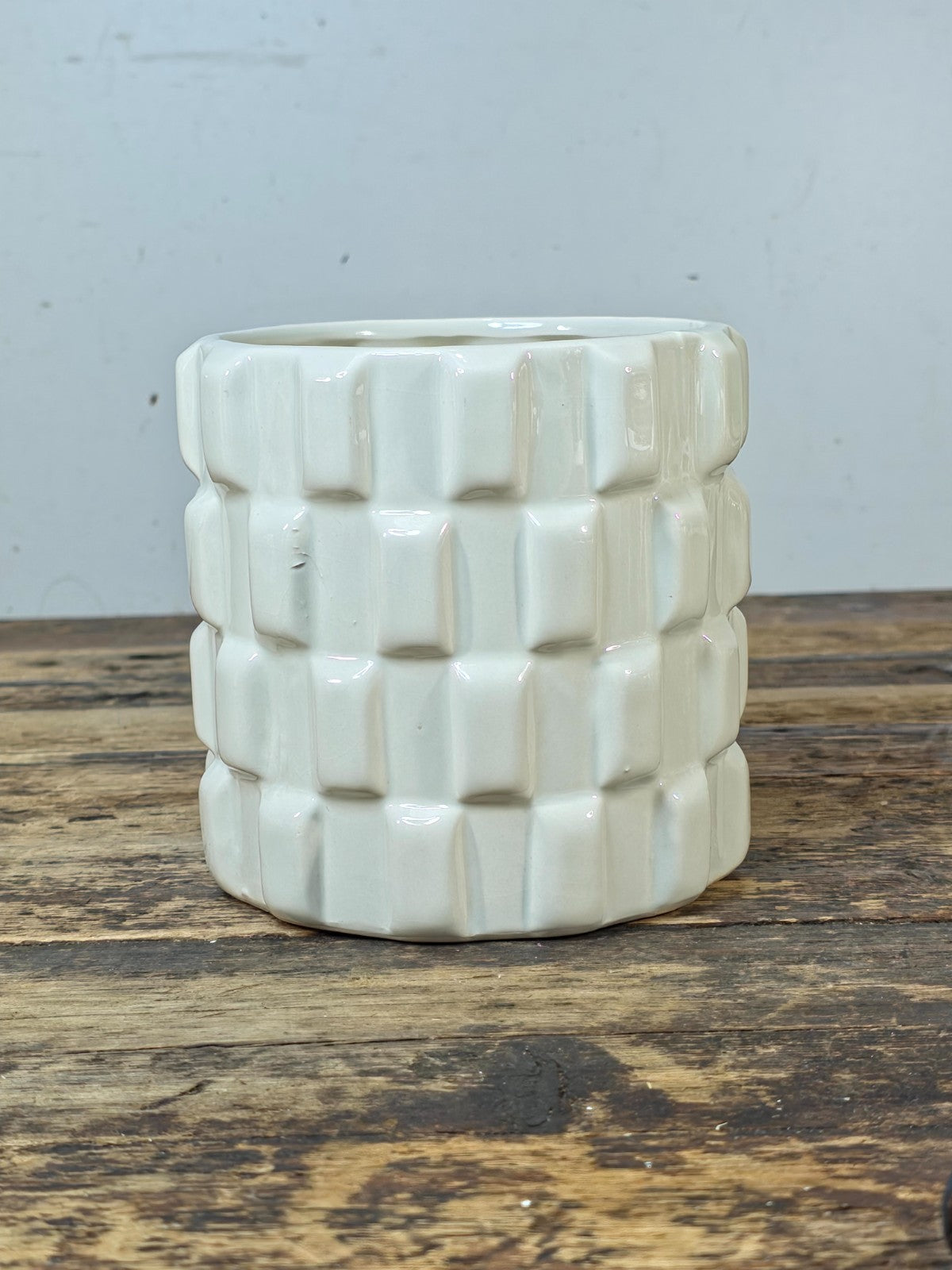 White Geometric Ceramic Planter 5.5" — Modern Cube Relief Design Pot