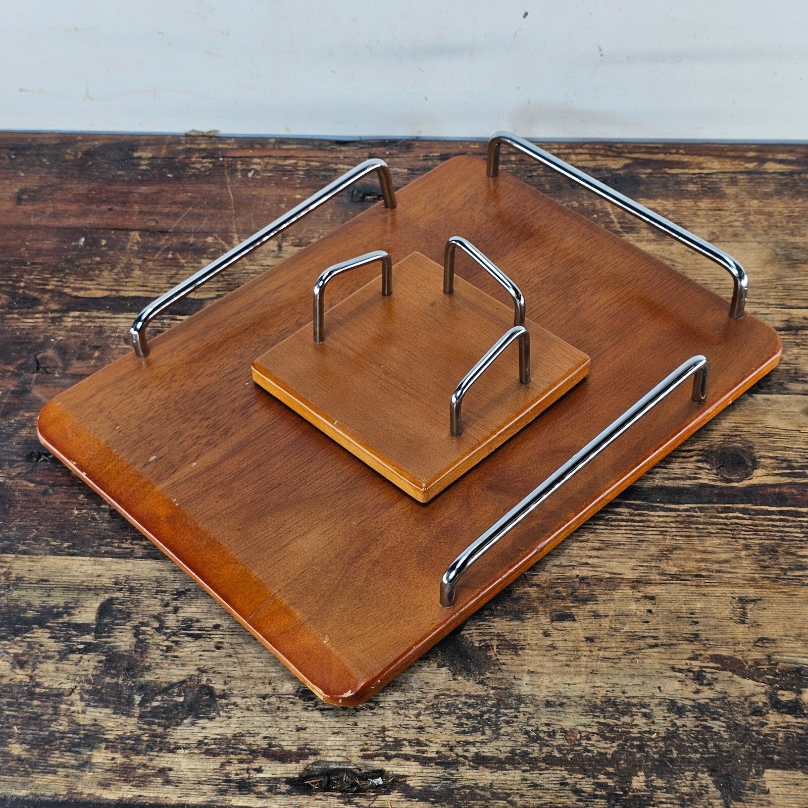 Danish Modern Style Teak Desktop Organizer Set with Chrome Handles