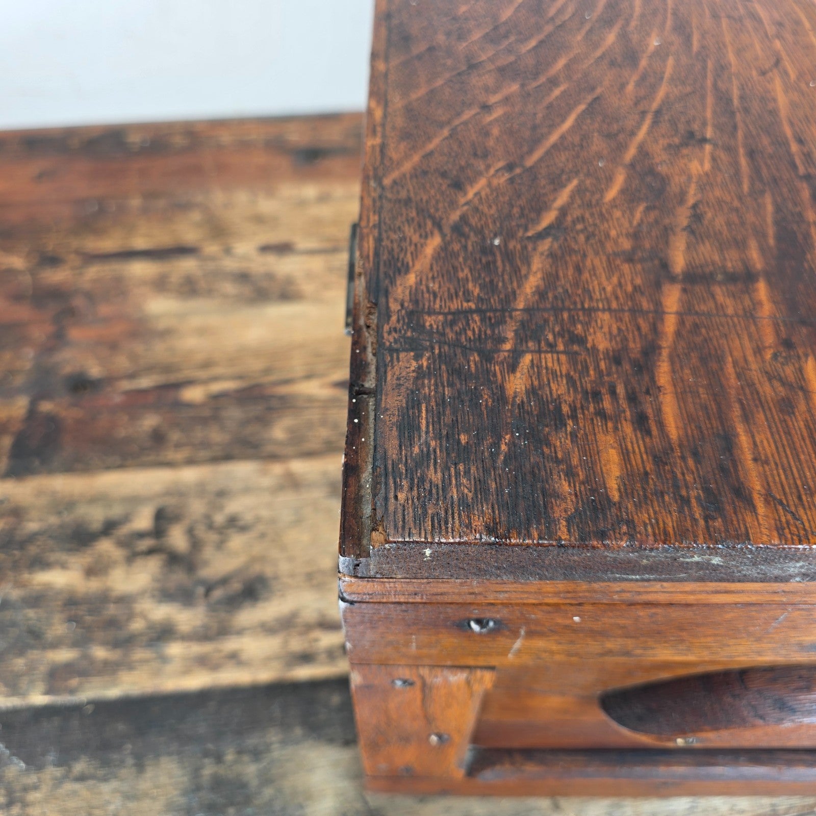Antique Oak Wooden Tool Box with Brass Hardware & Tray (1920s–40s)