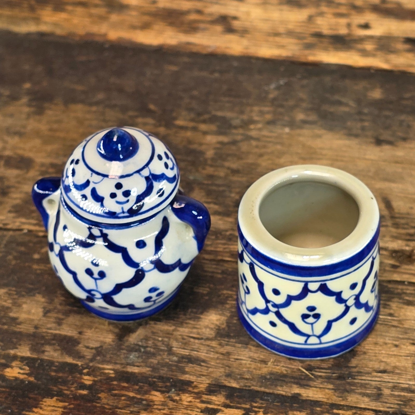 Miniature Blue & White Ceramic Thai-Style Ginger Jar & Toothpick Holder Set