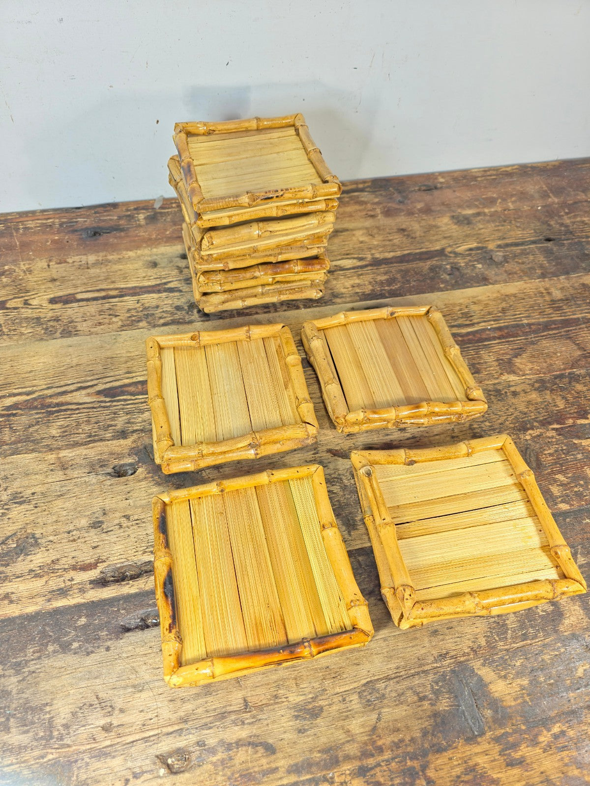 Vintage Handmade Bamboo Square Tray – 5.5" Natural Display Stand / Coaster