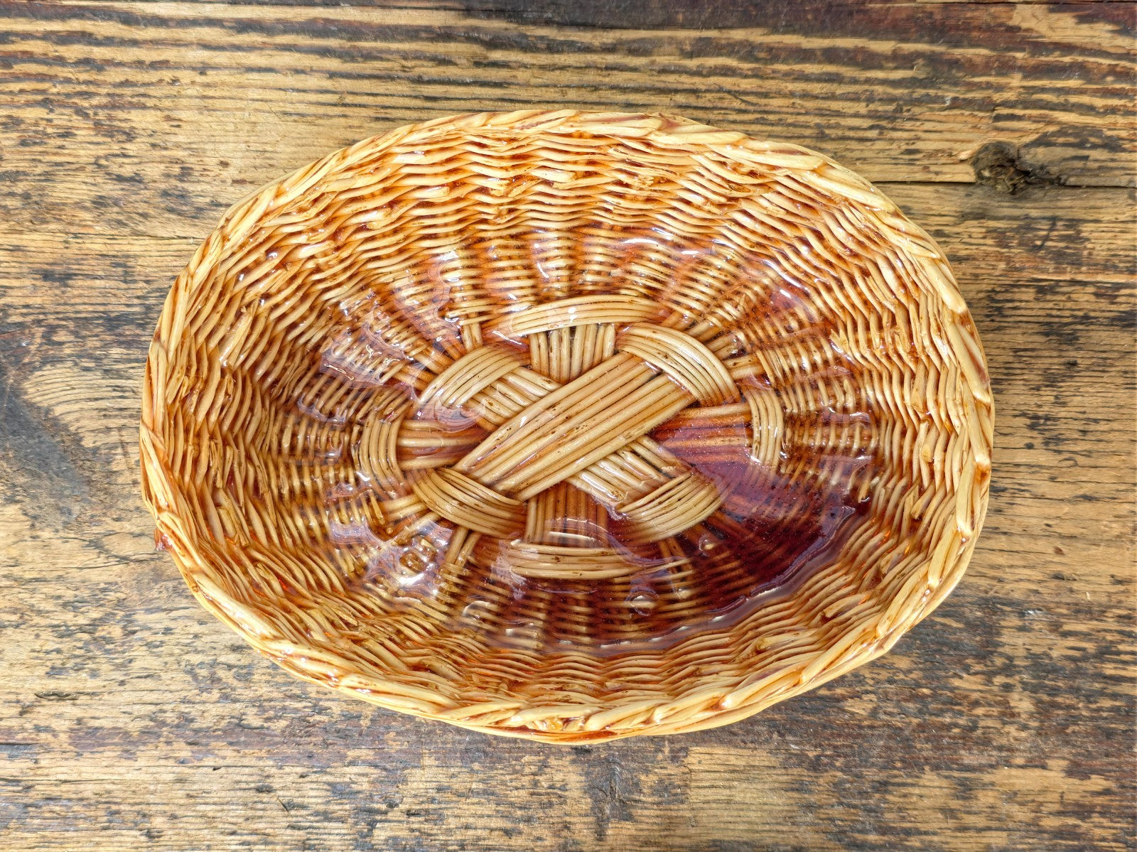 Vintage Resin Coated Wicker Basket with Pinecones and Red Berries Lid