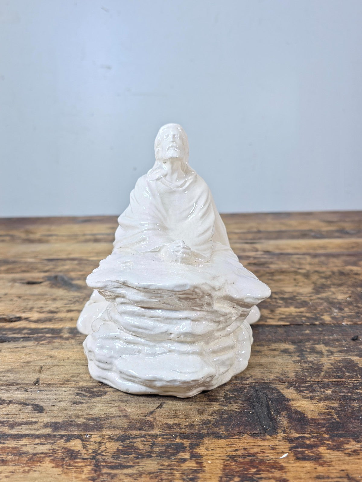 Vintage Byron Molds Jesus at the Rock White Glazed Ceramic Statue 7"