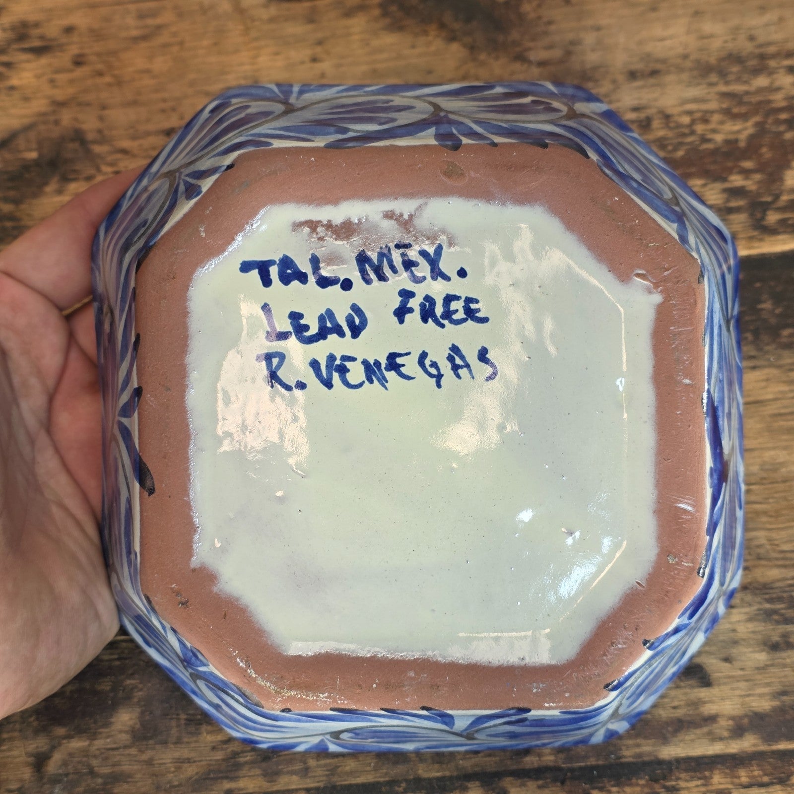 Talavera Pottery Bowl - Blue & White Octagonal Dish Signed R. VENEGAS