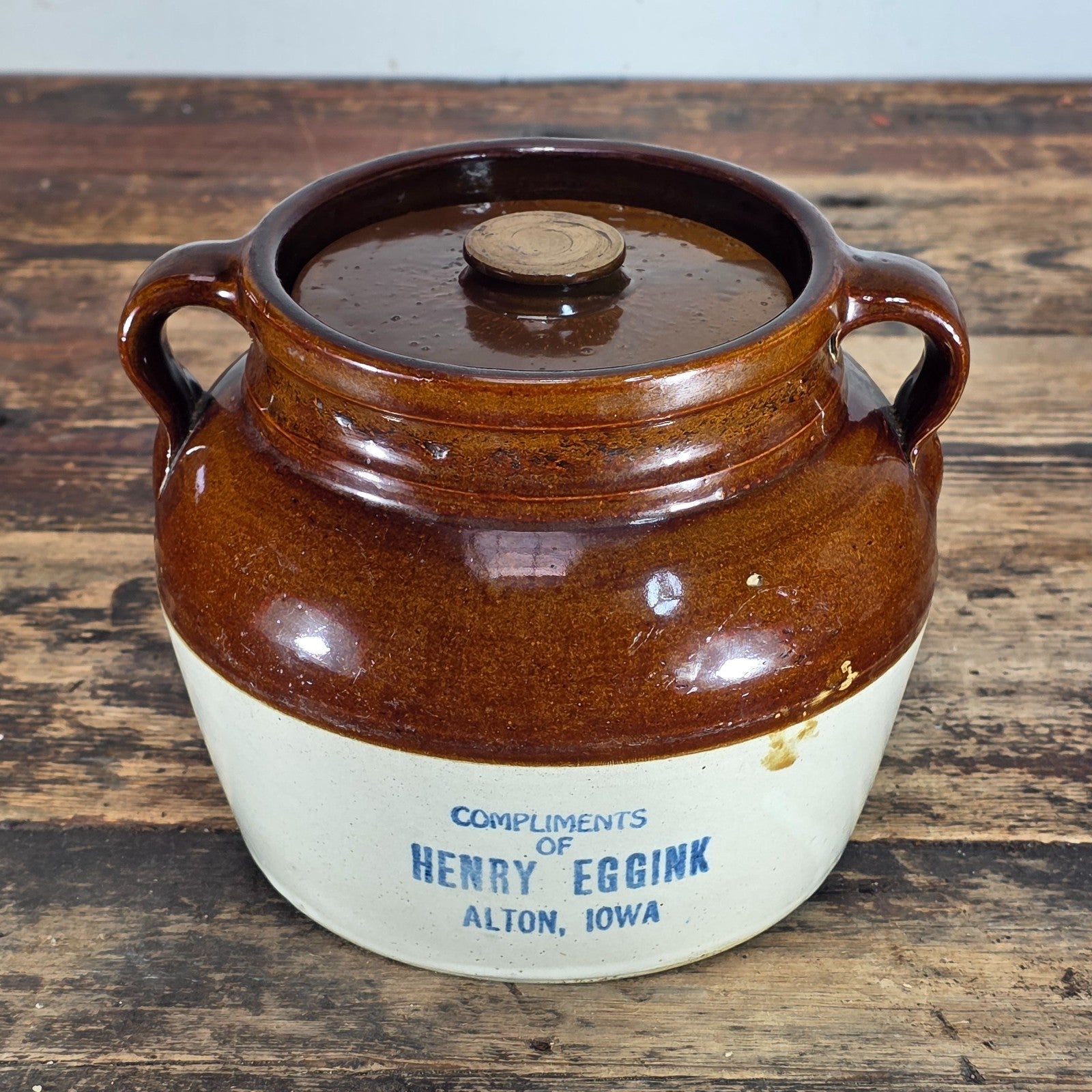 Red Wing Stoneware Advertising Bean Pot w/ Lid Henry Eggink Alton Iowa 1930's