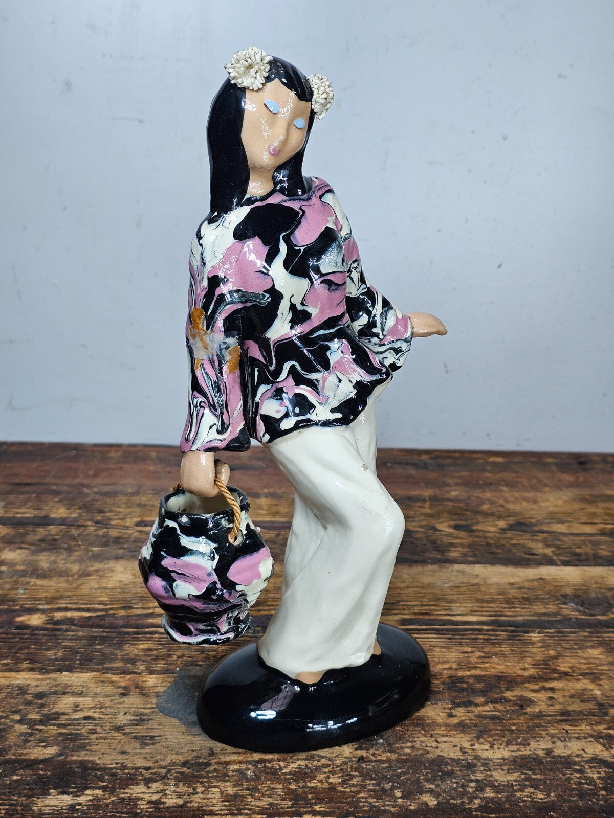 Vintage Hedi Schoop Ceramic Asian Lady with Basket Signed 1950s