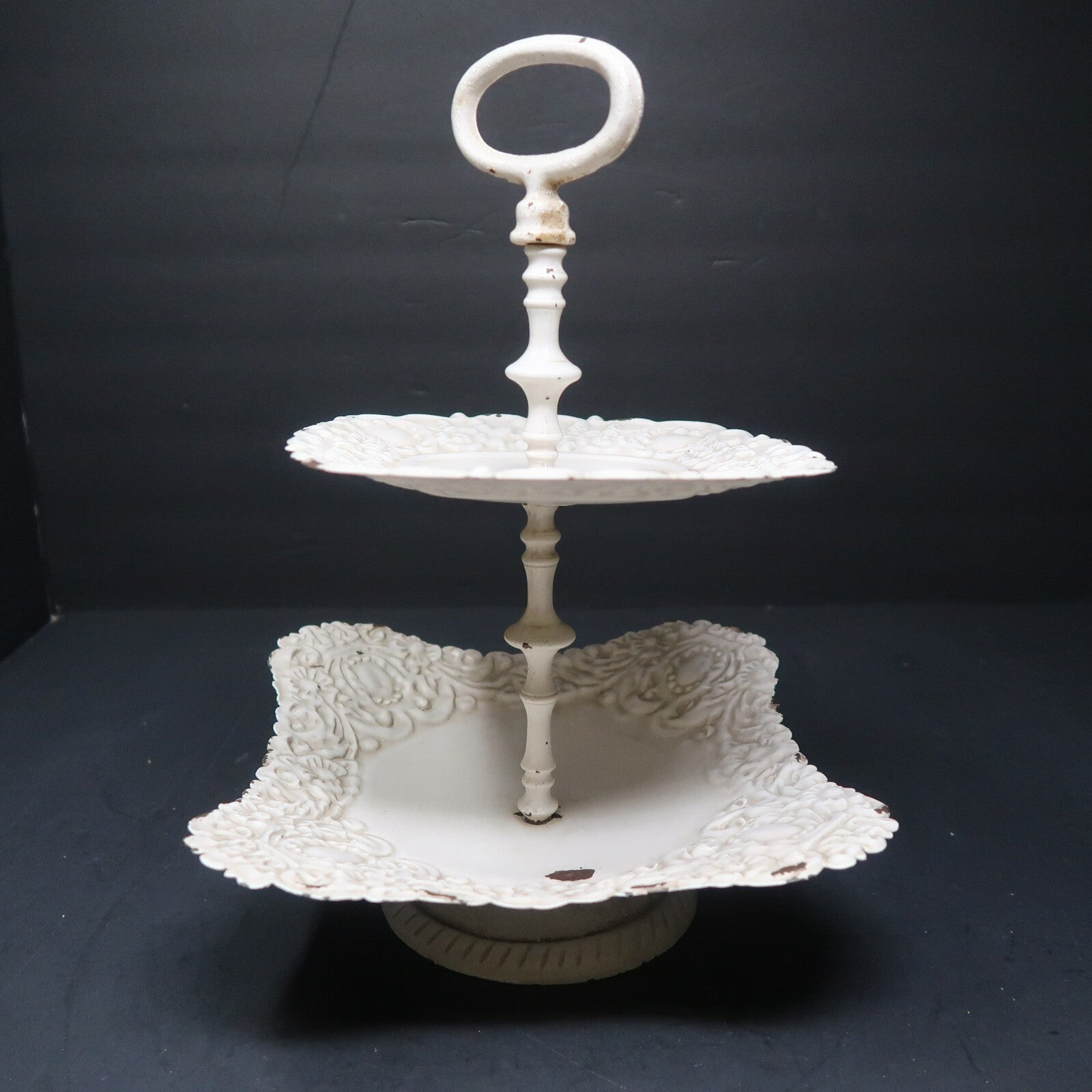 Two Tier Rustic Metal Serving Tray Farmhouse Floral Shabby Chic H 11.5"