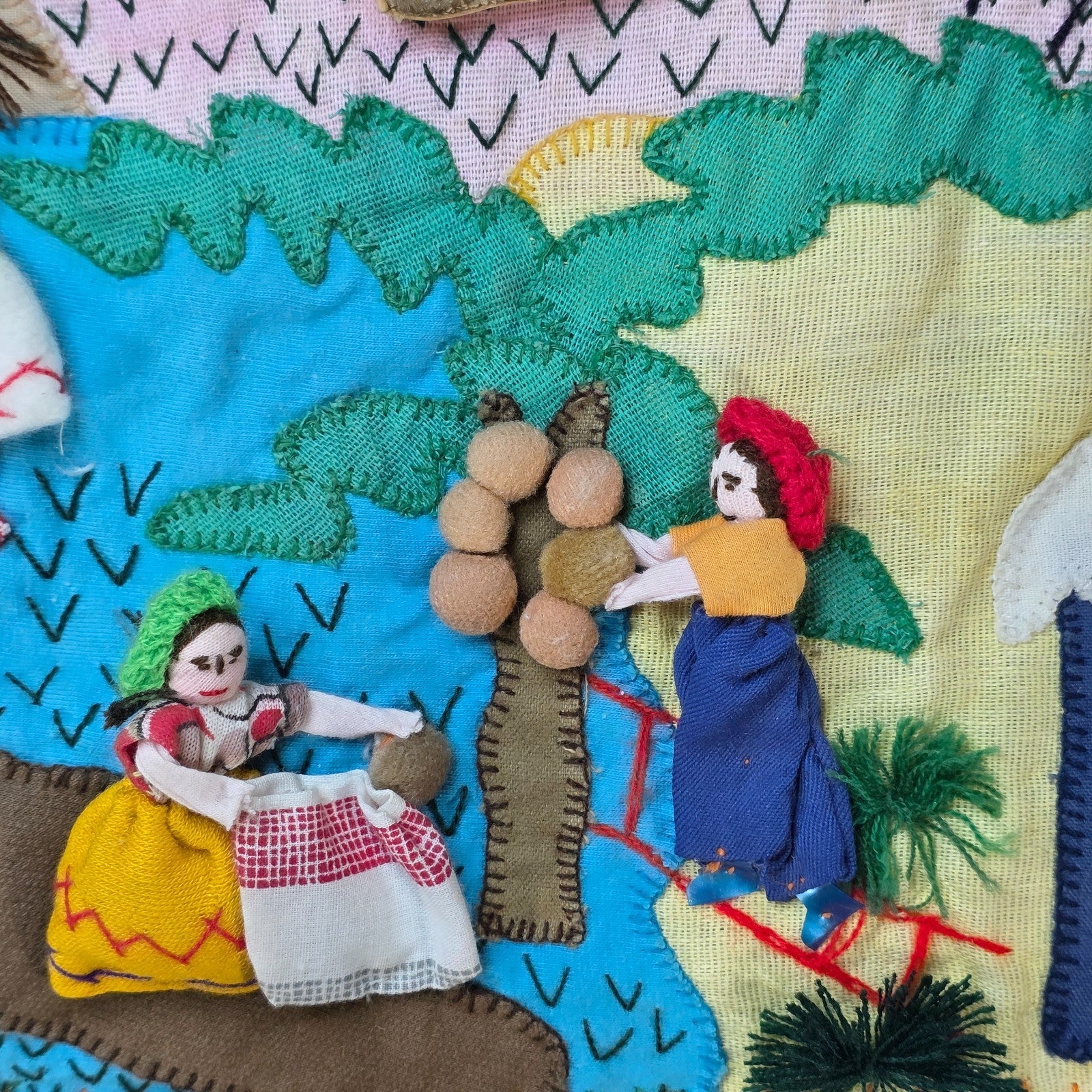 Vintage Peruvian Arpillera Wall Embroidery Textile Art “Cosecha de …” 19"x17"