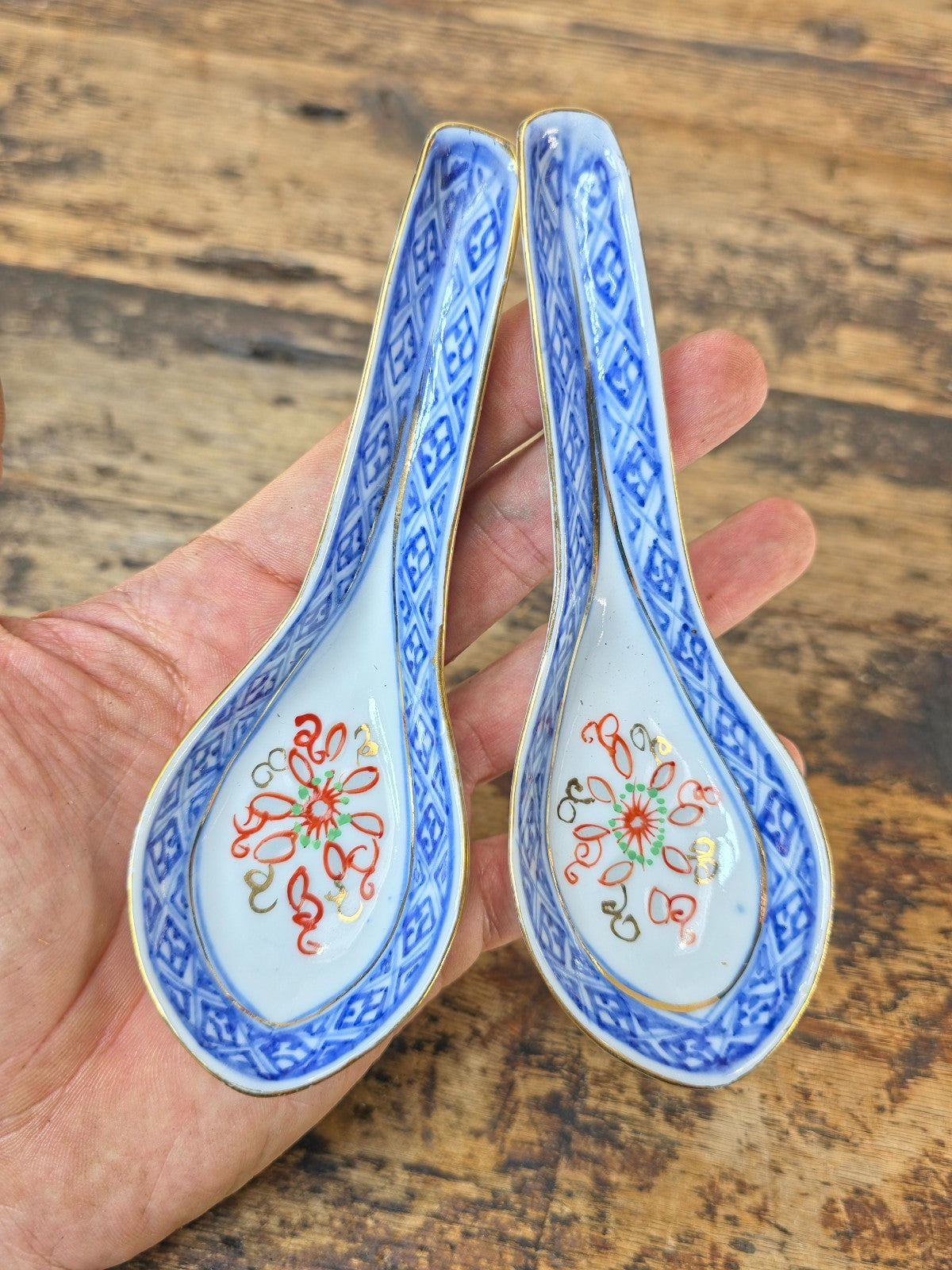 Vintage Chinese Porcelain Spoons Pair Blue White Red Gold, 5.5"