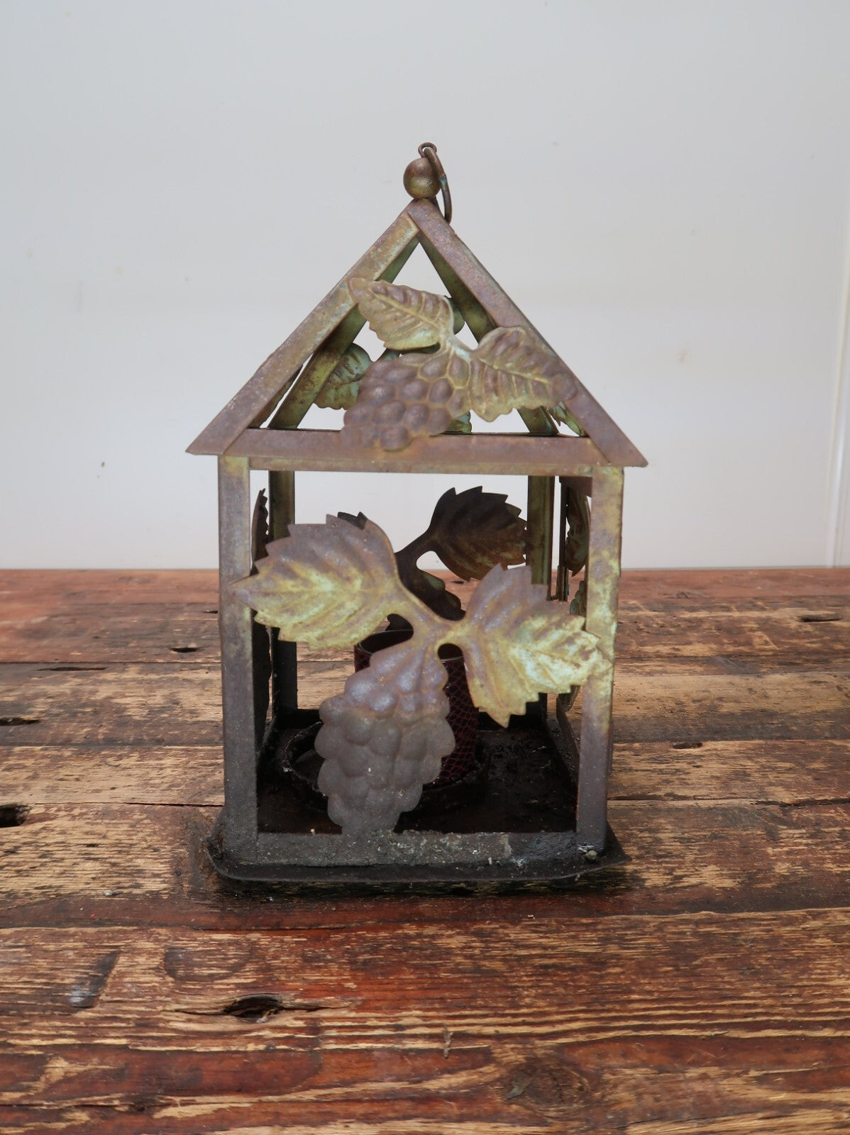 Metal Grape Motif Candle Lantern Weathered Rustic Lantern Patina 6" x 6" x H 10"