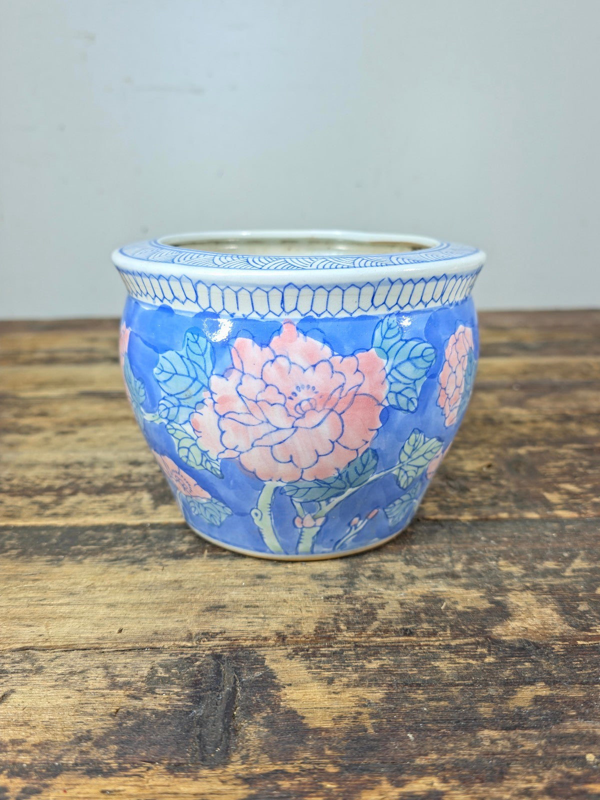 Chinese Porcelain Mini Fishbowl Planter – Blue & Pink Floral 6"Dia x 4.5"H