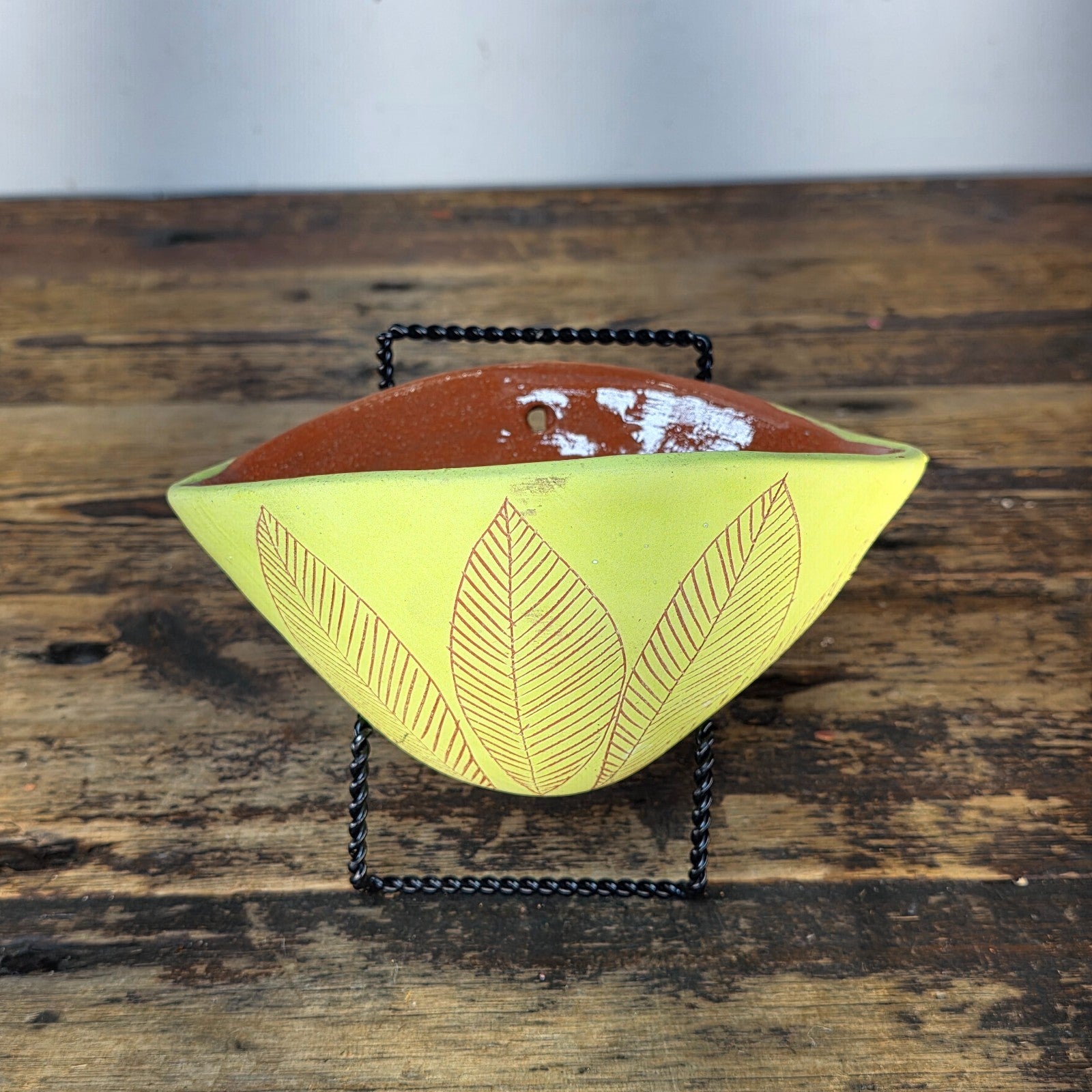 Handmade Terracotta Wall Pocket / Wall Planter (Light Yellow, Leaf Motif)